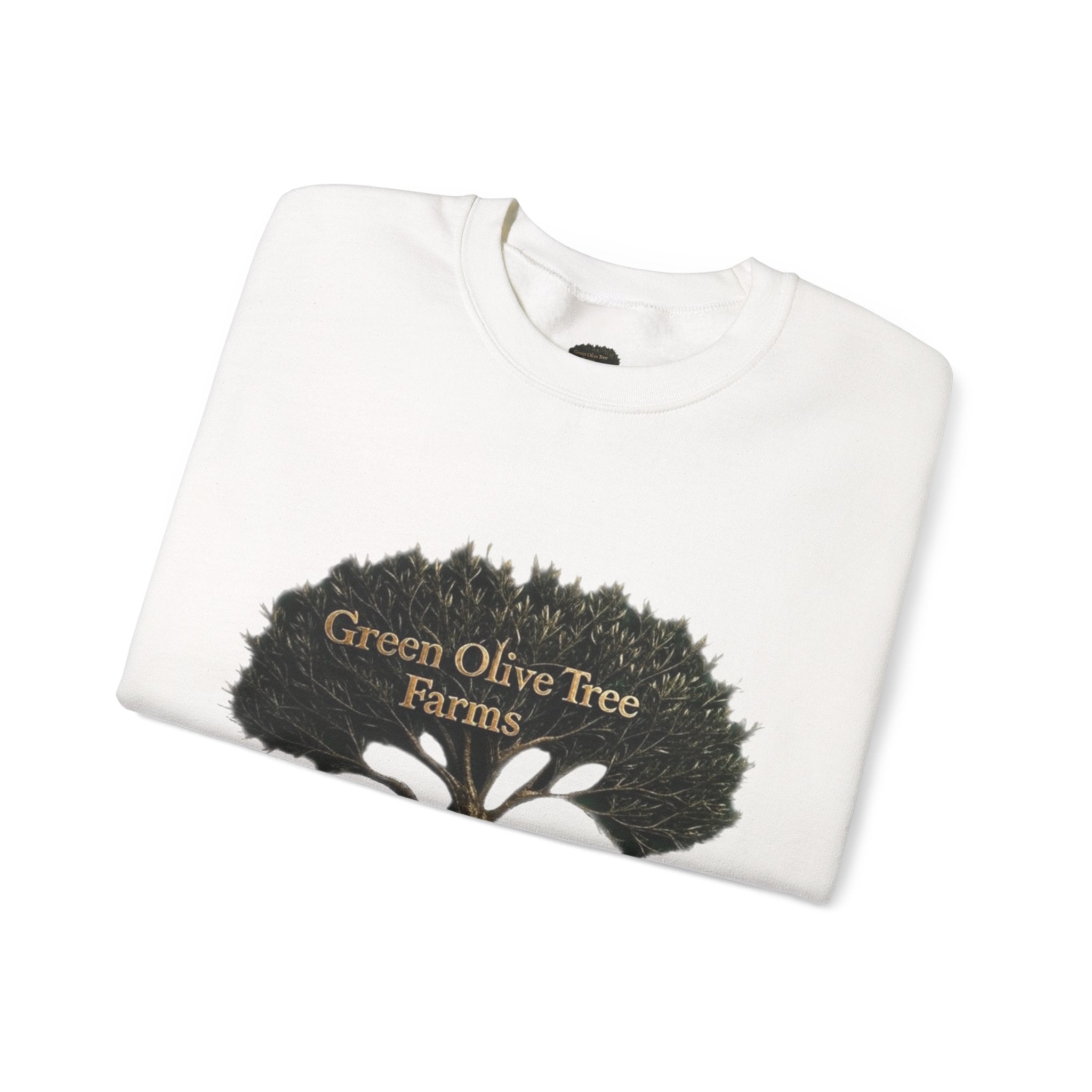 Farmhouse Olive Tree & Cow Crewneck Sweatshirt — "Green Olive Tree Farms: Sowing Seeds of Hope"