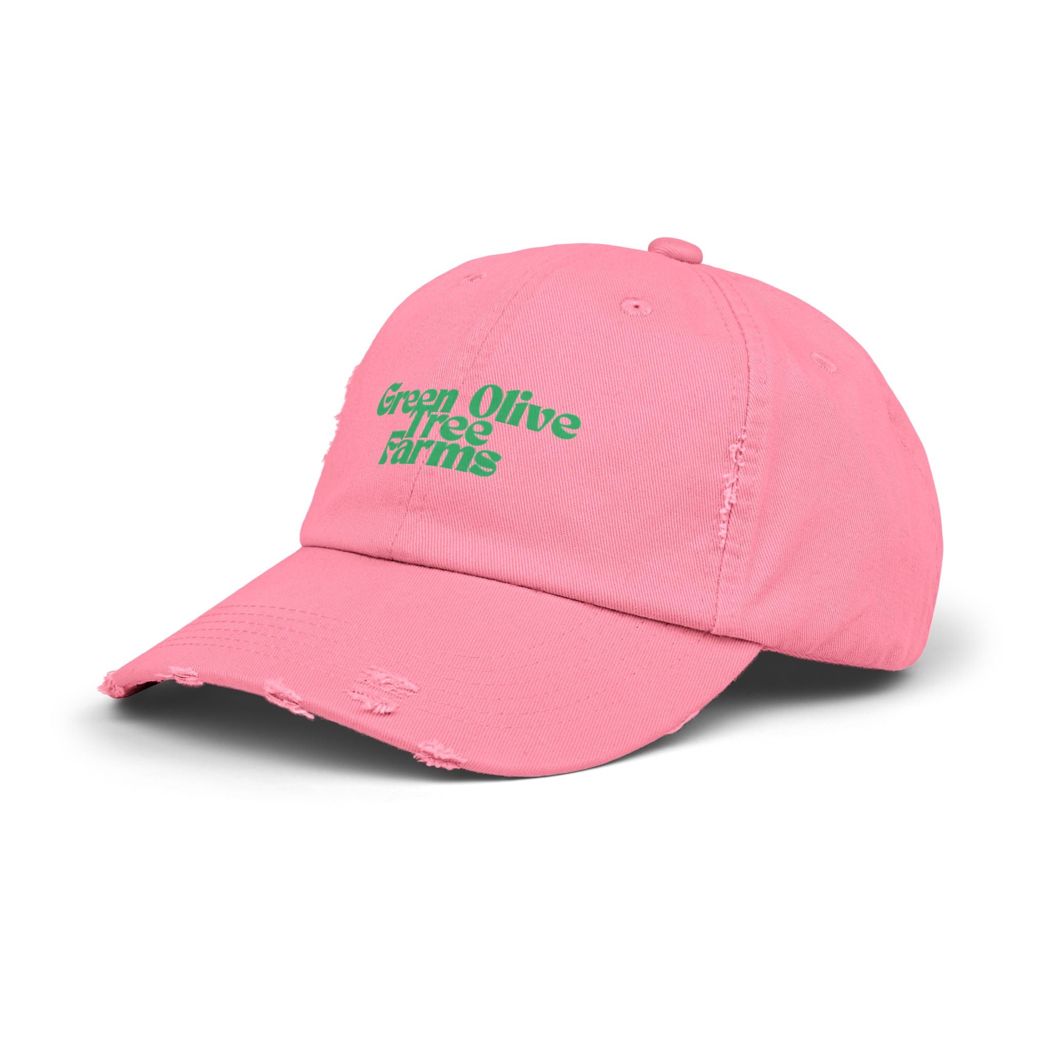Distressed Baseball Cap — "Green Olive Tree Farms" Retro Script
