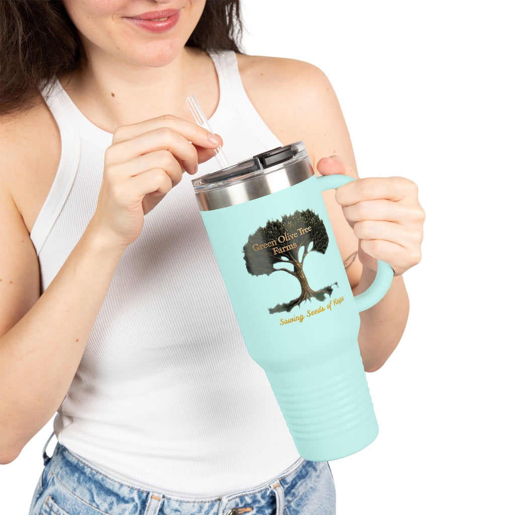 40oz Insulated Travel Mug – Green Olive Tree Farms Logo (Large Handle, Double-Wall Stainless)