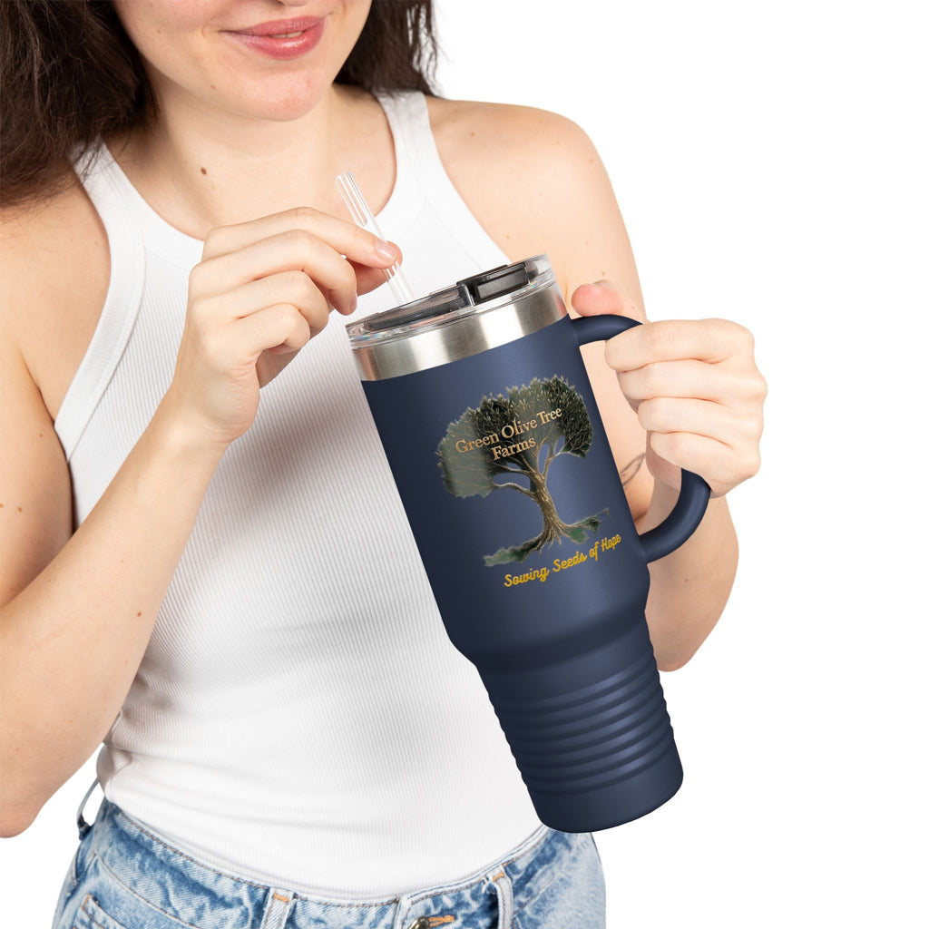40oz Insulated Travel Mug – Green Olive Tree Farms Logo (Large Handle, Double-Wall Stainless)