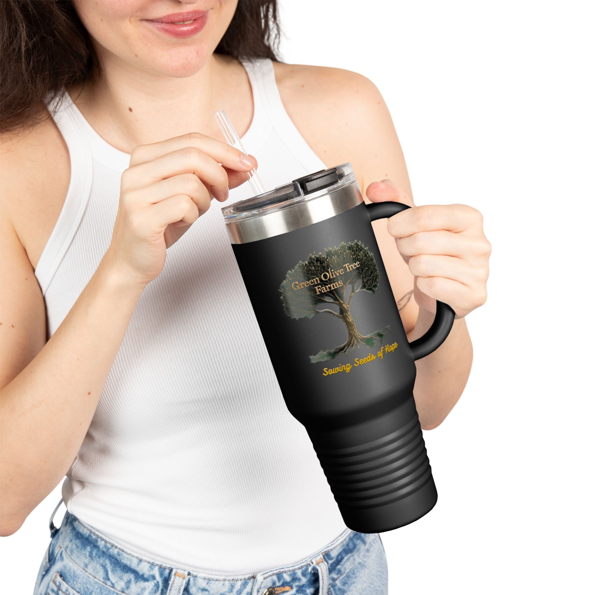 40oz Insulated Travel Mug – Green Olive Tree Farms Logo (Large Handle, Double-Wall Stainless)