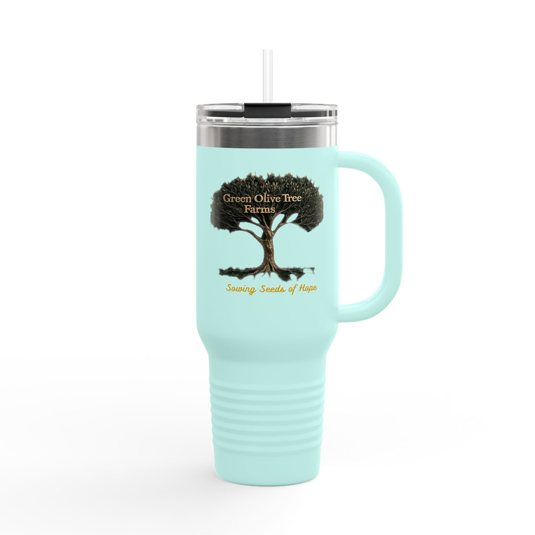40oz Insulated Travel Mug – Green Olive Tree Farms Logo (Large Handle, Double-Wall Stainless)