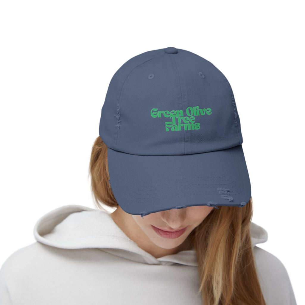 Distressed Baseball Cap — "Green Olive Tree Farms" Retro Script