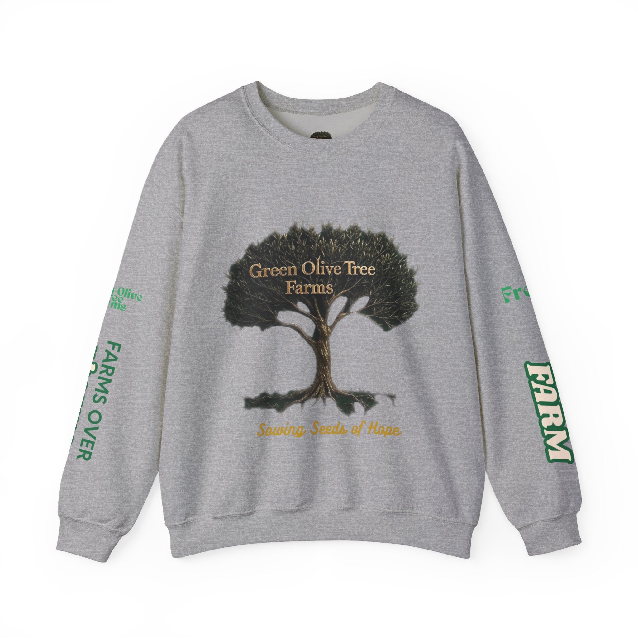 Farmhouse Olive Tree & Cow Crewneck Sweatshirt — "Green Olive Tree Farms: Sowing Seeds of Hope"