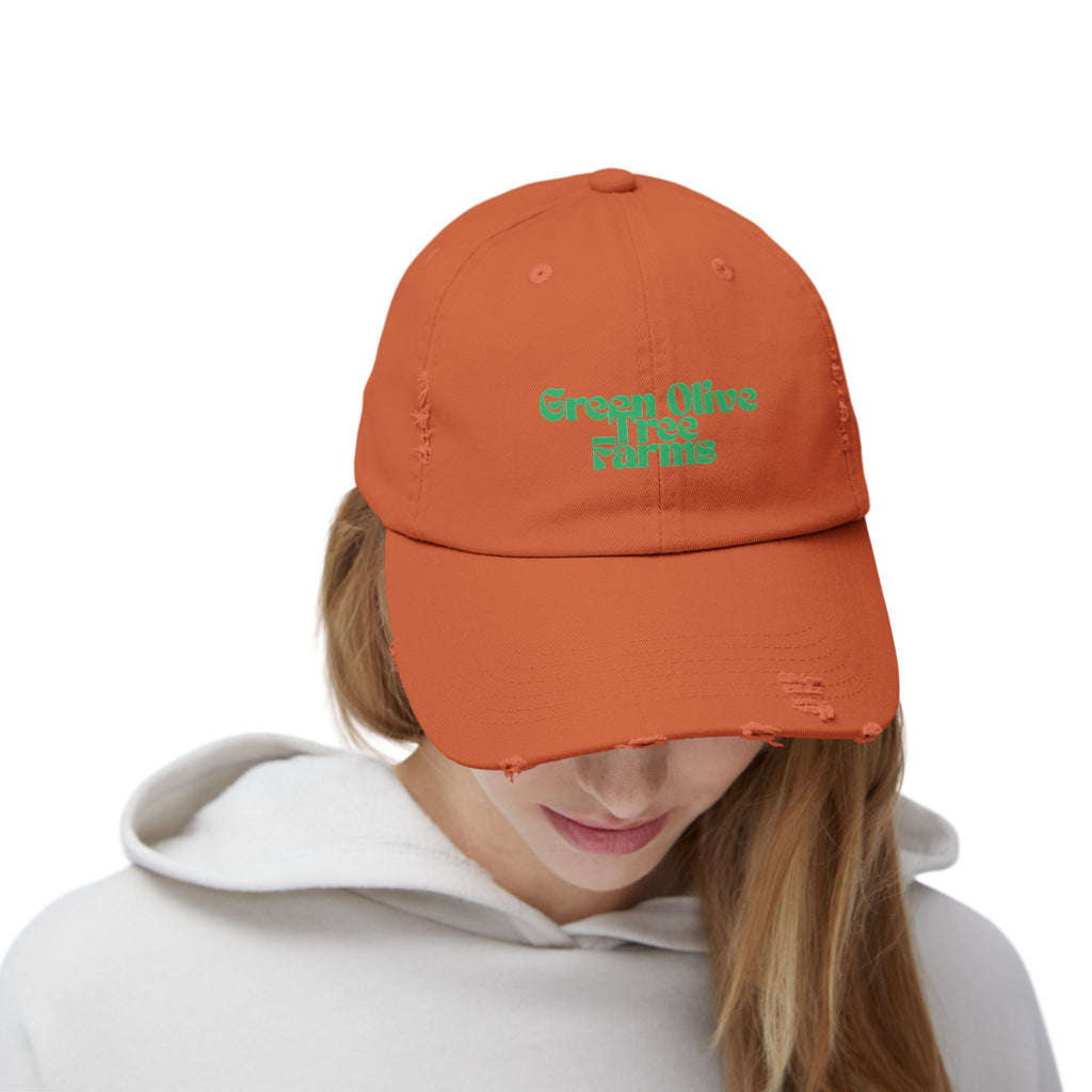 Distressed Baseball Cap — "Green Olive Tree Farms" Retro Script