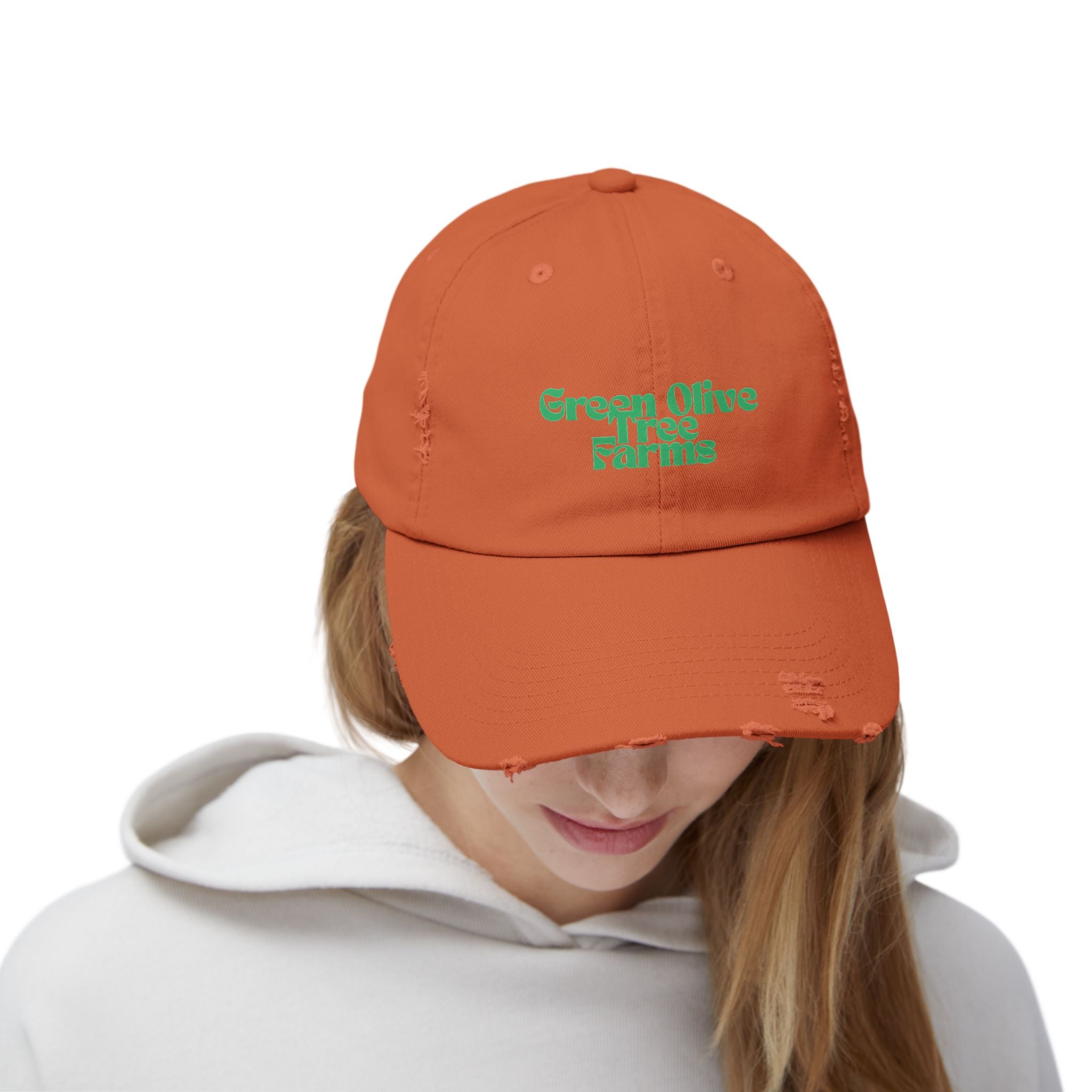Distressed Baseball Cap — "Green Olive Tree Farms" Retro Script