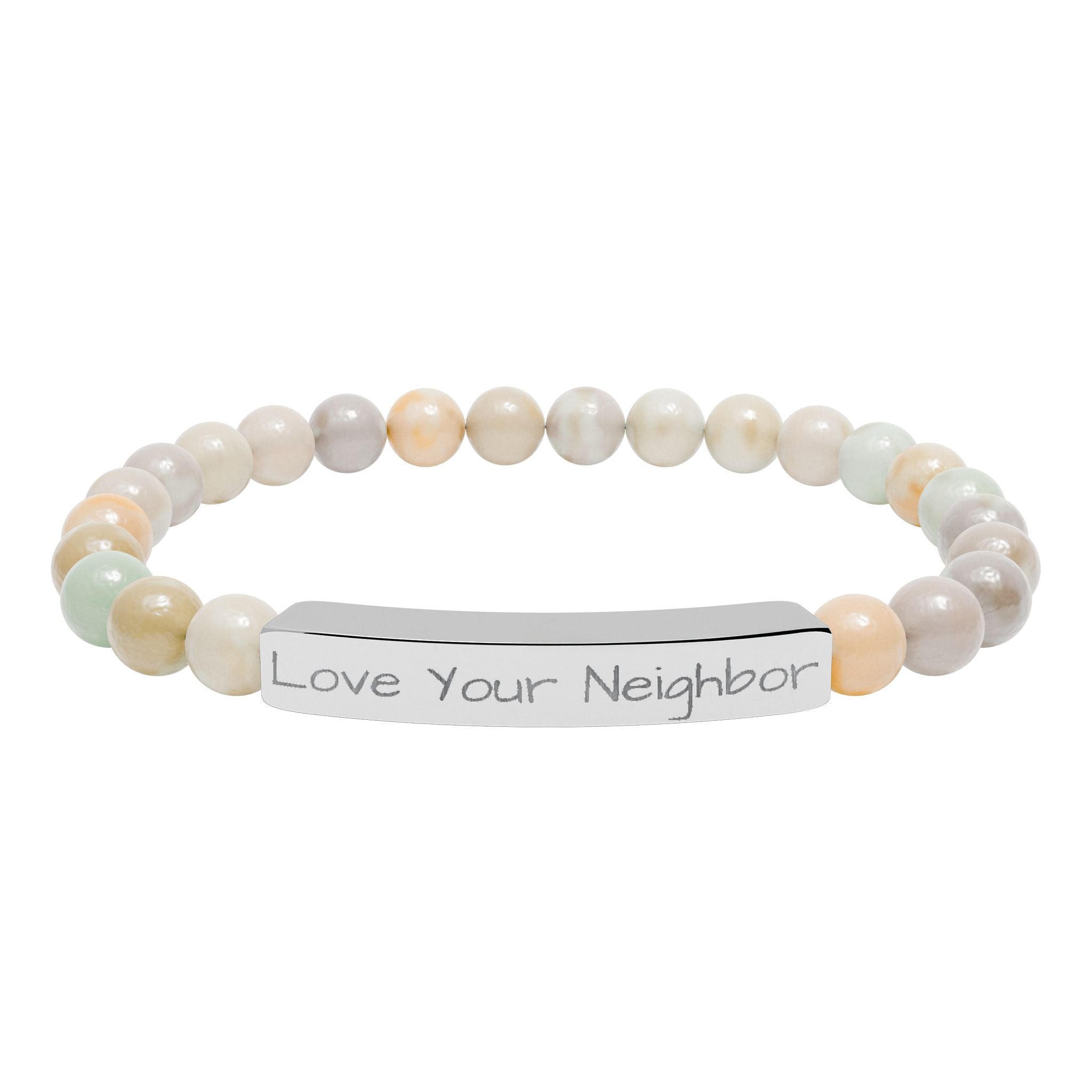 Engraved Natural Stone Stretch Bracelet — "Love Your Neighbor" Bar