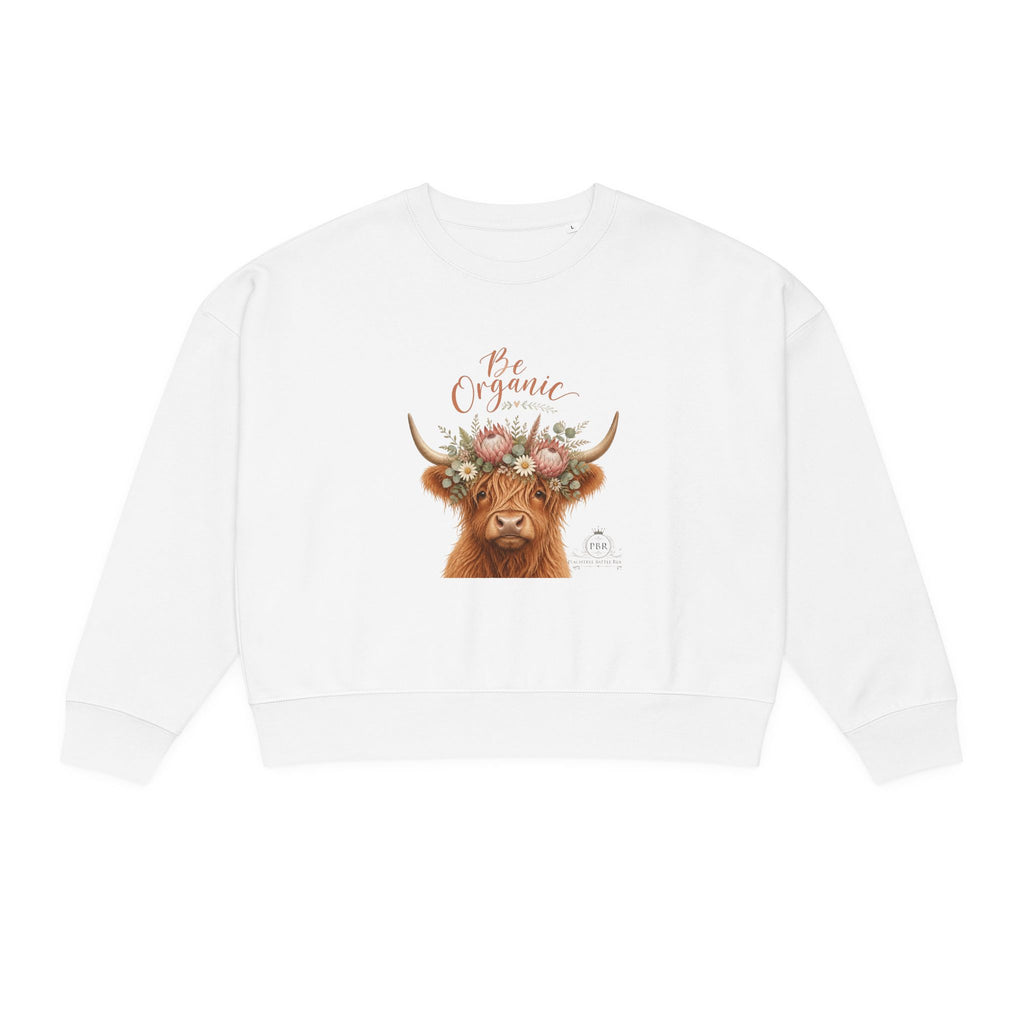 Women's Floral Highland Cow Crewneck Sweatshirt - "Be Organic" Design