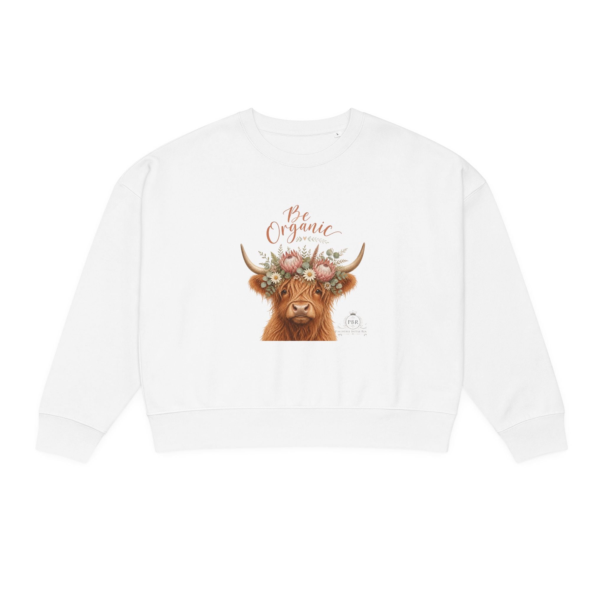 Women's Floral Highland Cow Crewneck Sweatshirt - "Be Organic" Design