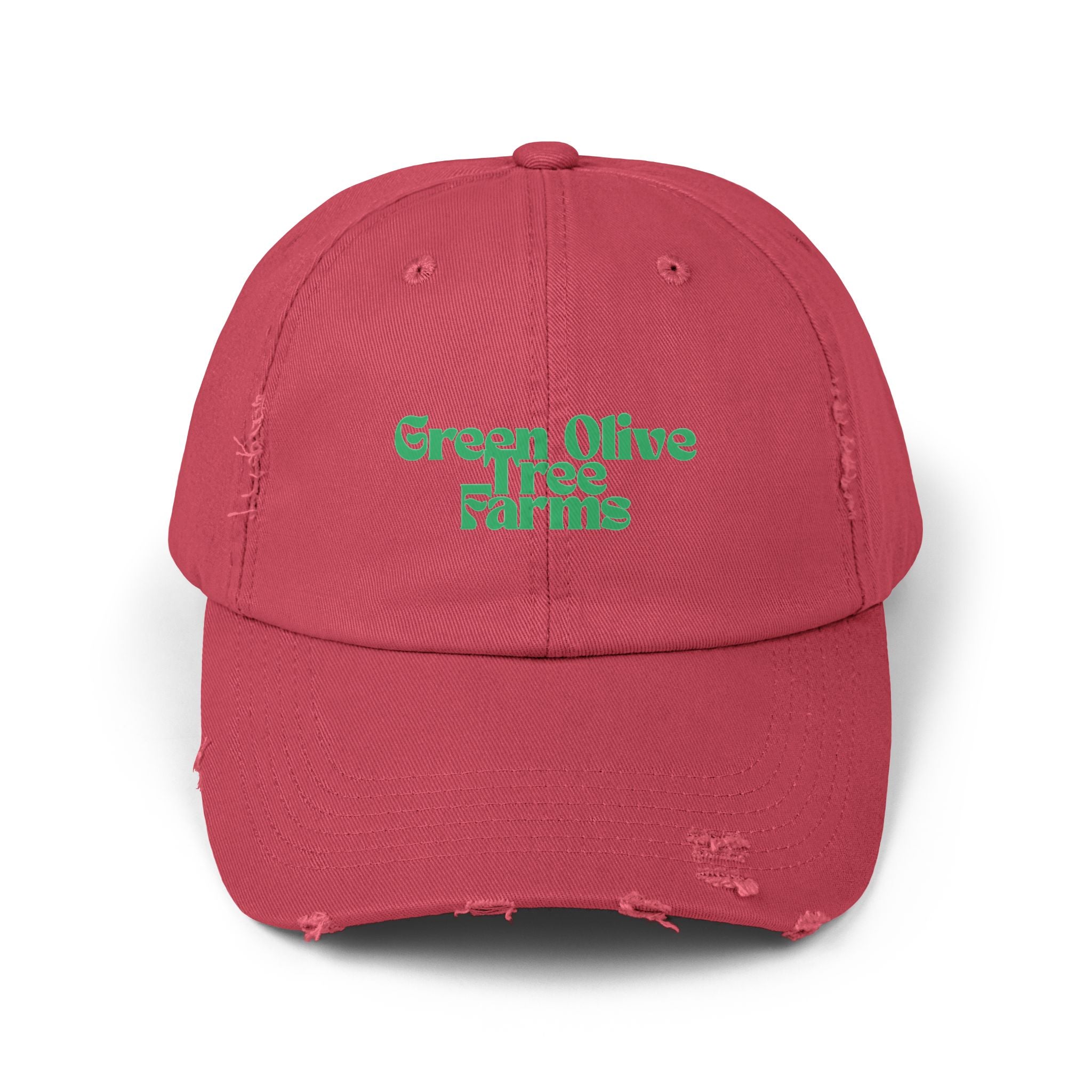 Distressed Baseball Cap — "Green Olive Tree Farms" Retro Script