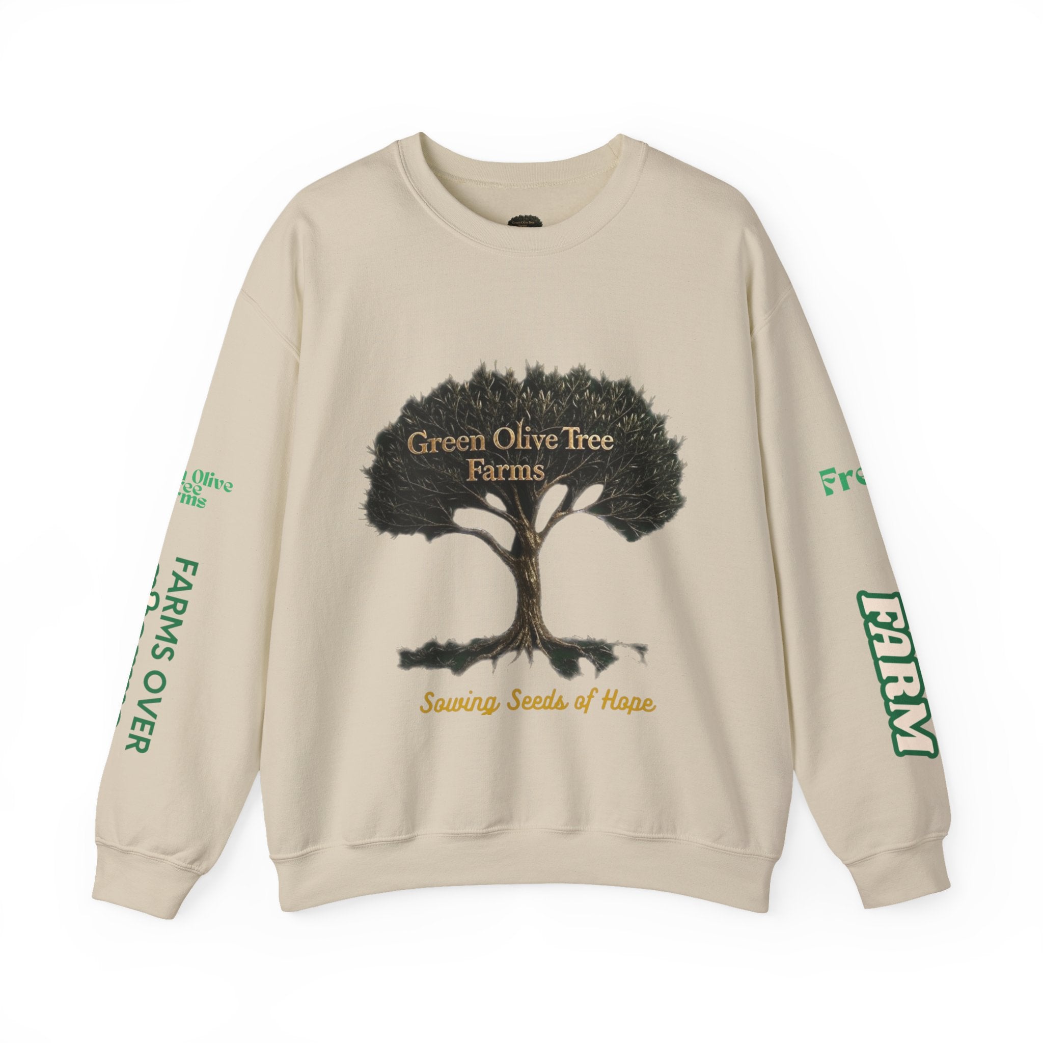 Farmhouse Olive Tree & Cow Crewneck Sweatshirt — "Green Olive Tree Farms: Sowing Seeds of Hope"