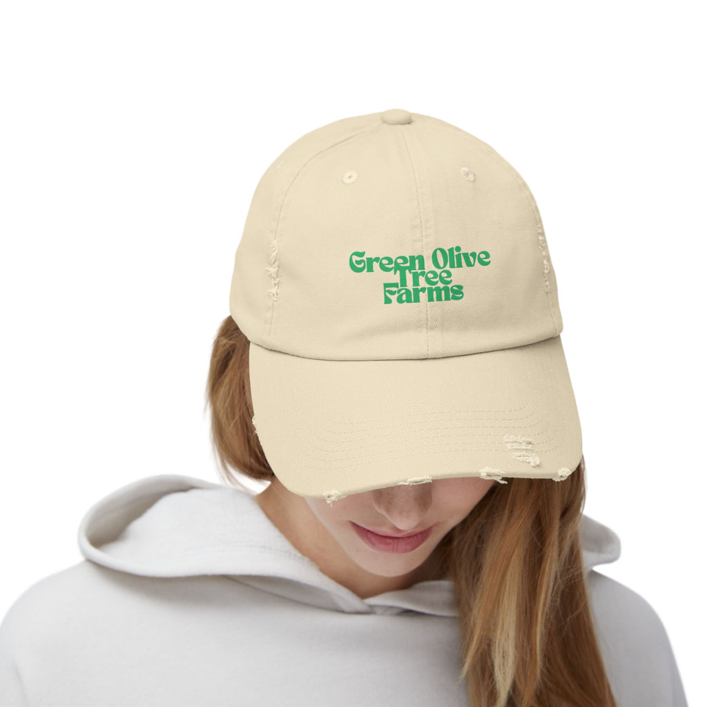 Distressed Baseball Cap — "Green Olive Tree Farms" Retro Script