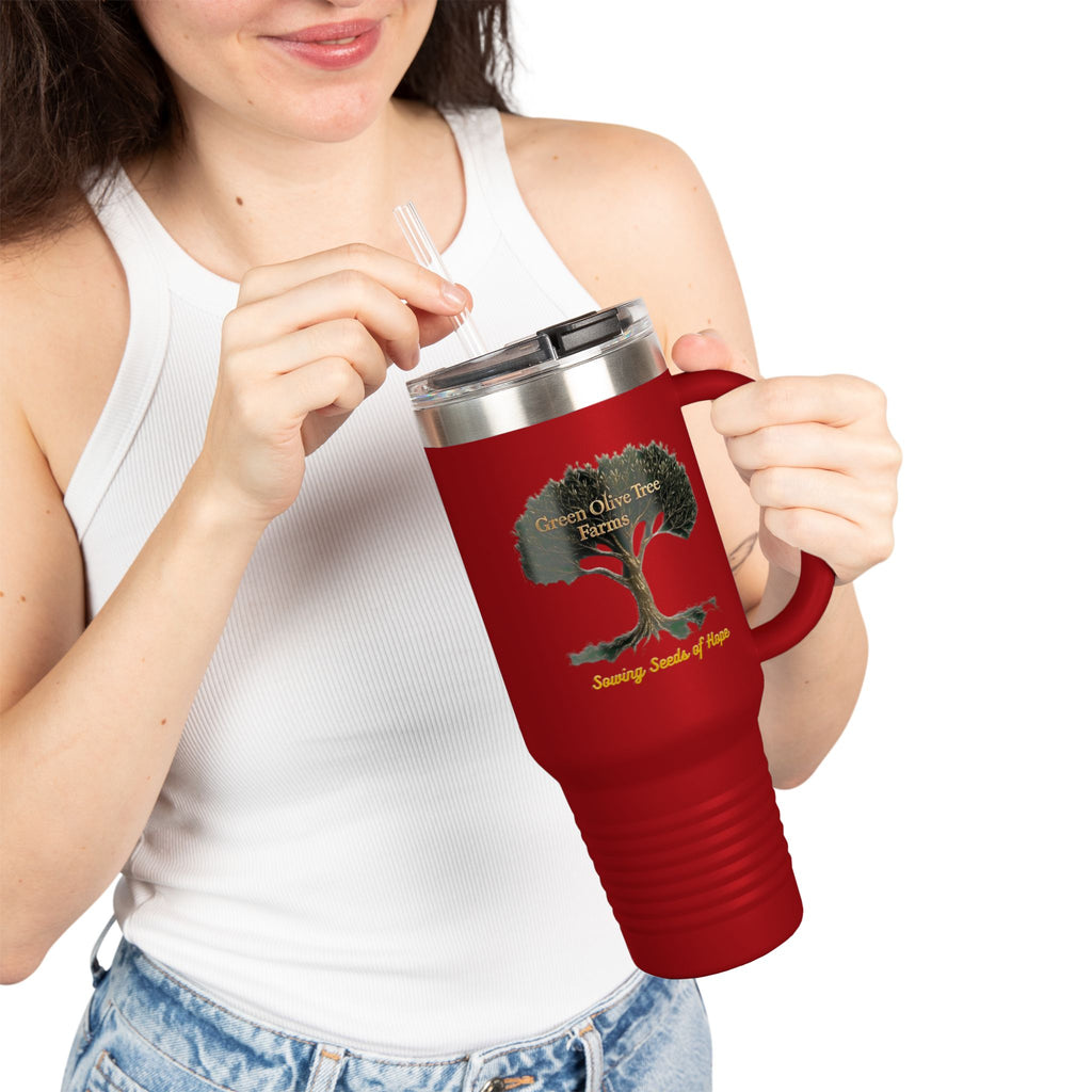 40oz Insulated Travel Mug – Green Olive Tree Farms Logo (Large Handle, Double-Wall Stainless)