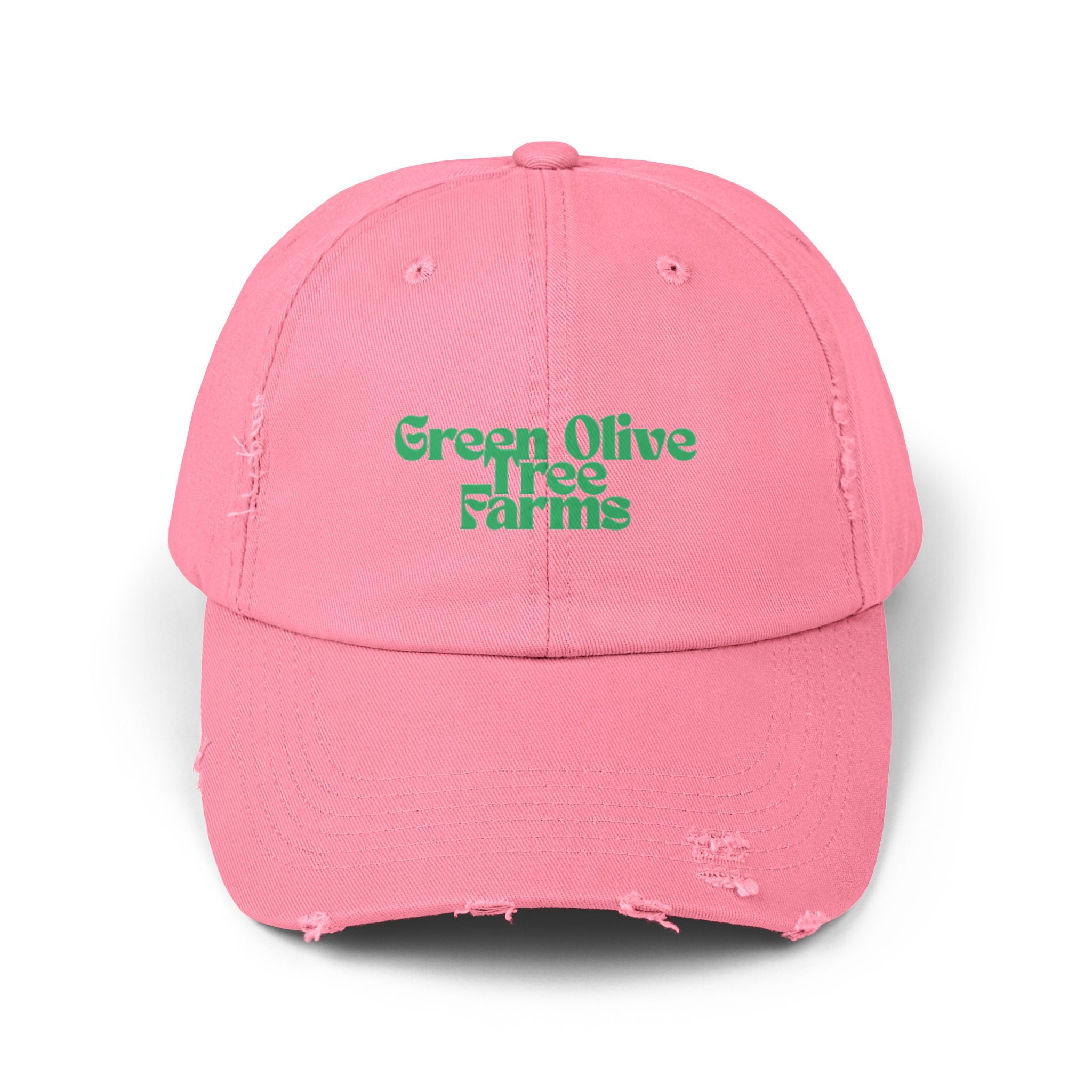 Distressed Baseball Cap — "Green Olive Tree Farms" Retro Script