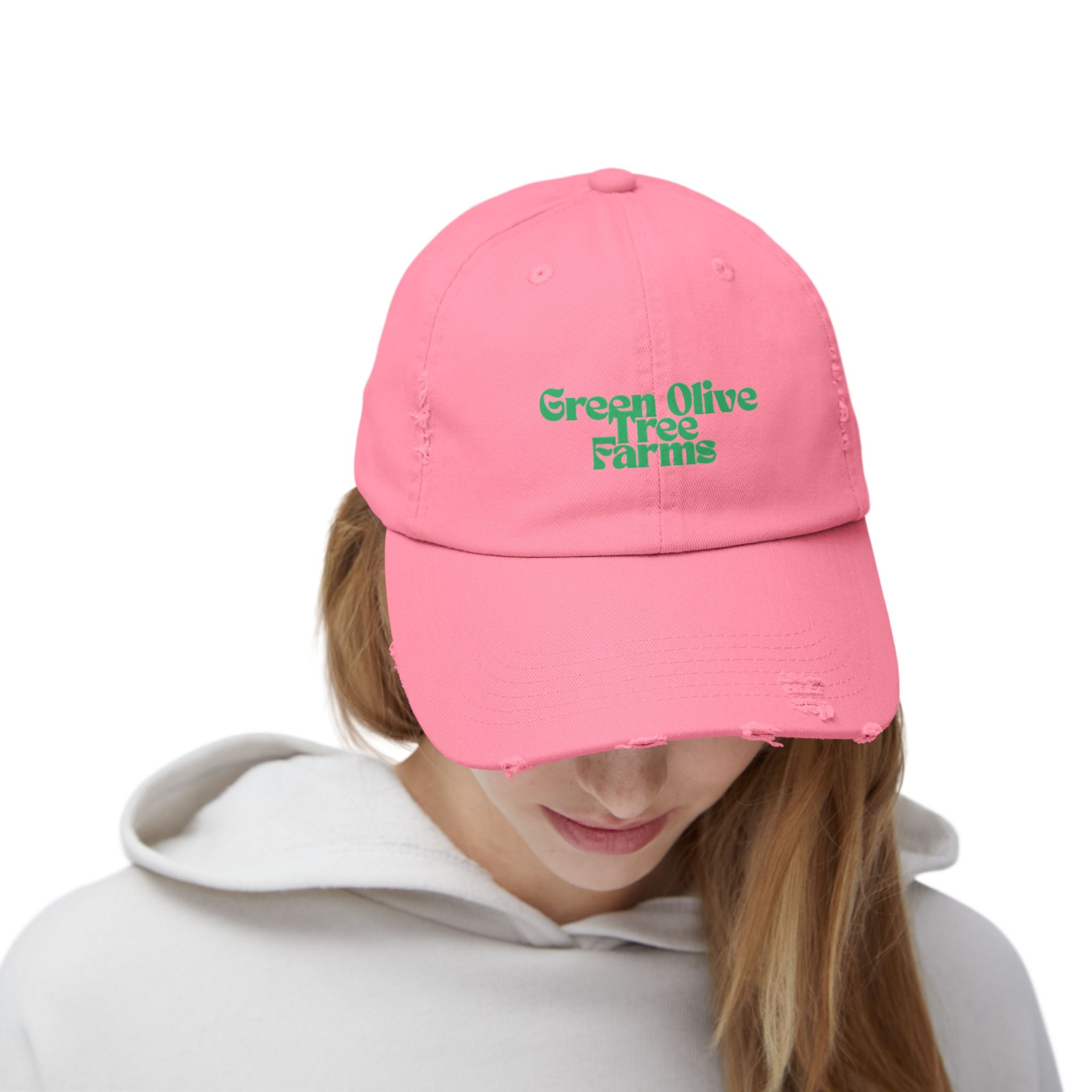Distressed Baseball Cap — "Green Olive Tree Farms" Retro Script