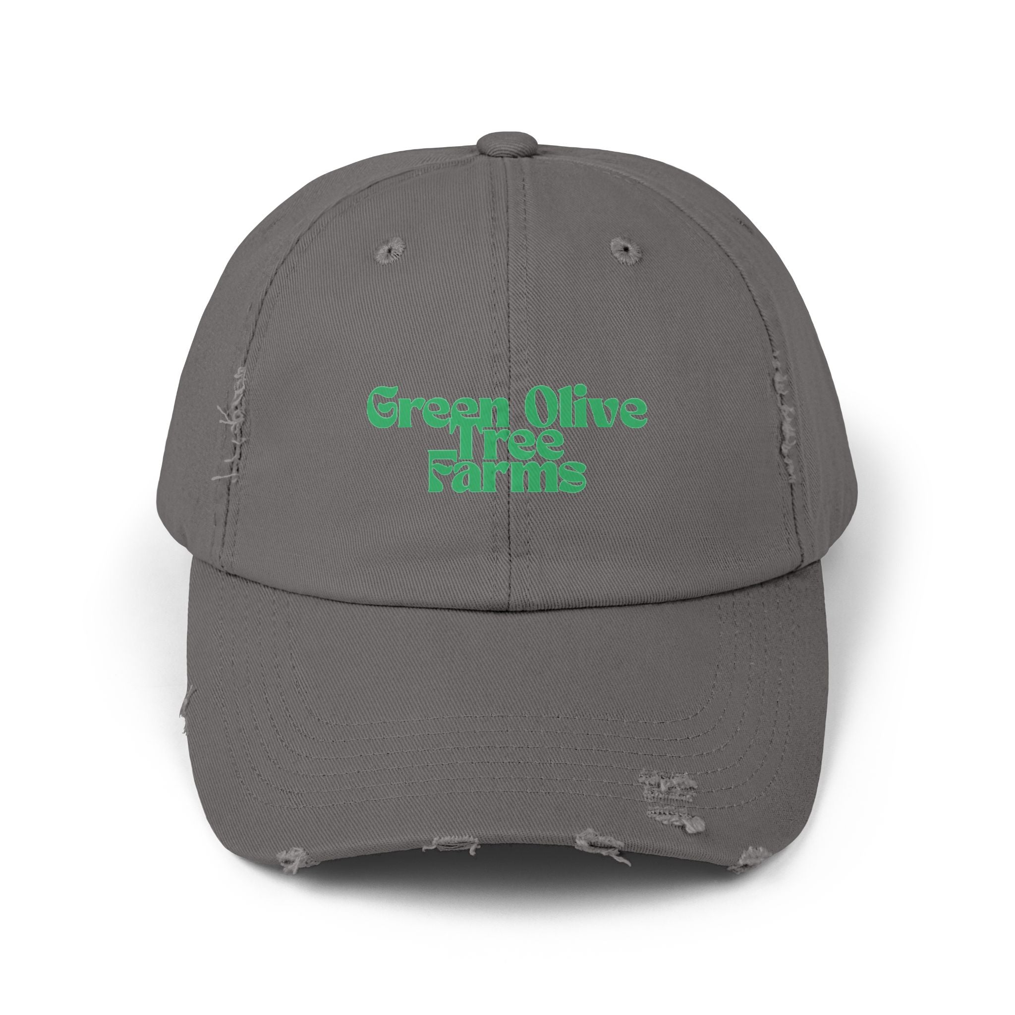 Distressed Baseball Cap — "Green Olive Tree Farms" Retro Script