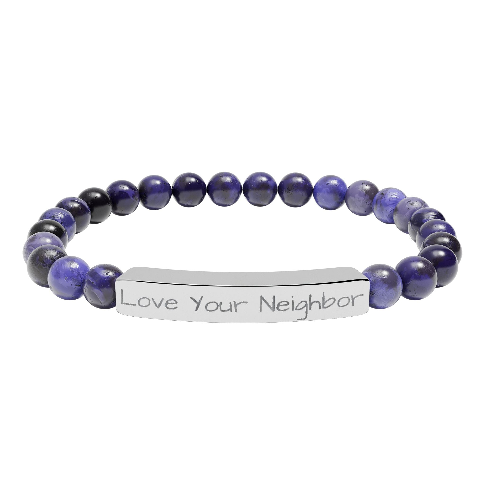 Engraved Natural Stone Stretch Bracelet — "Love Your Neighbor" Bar