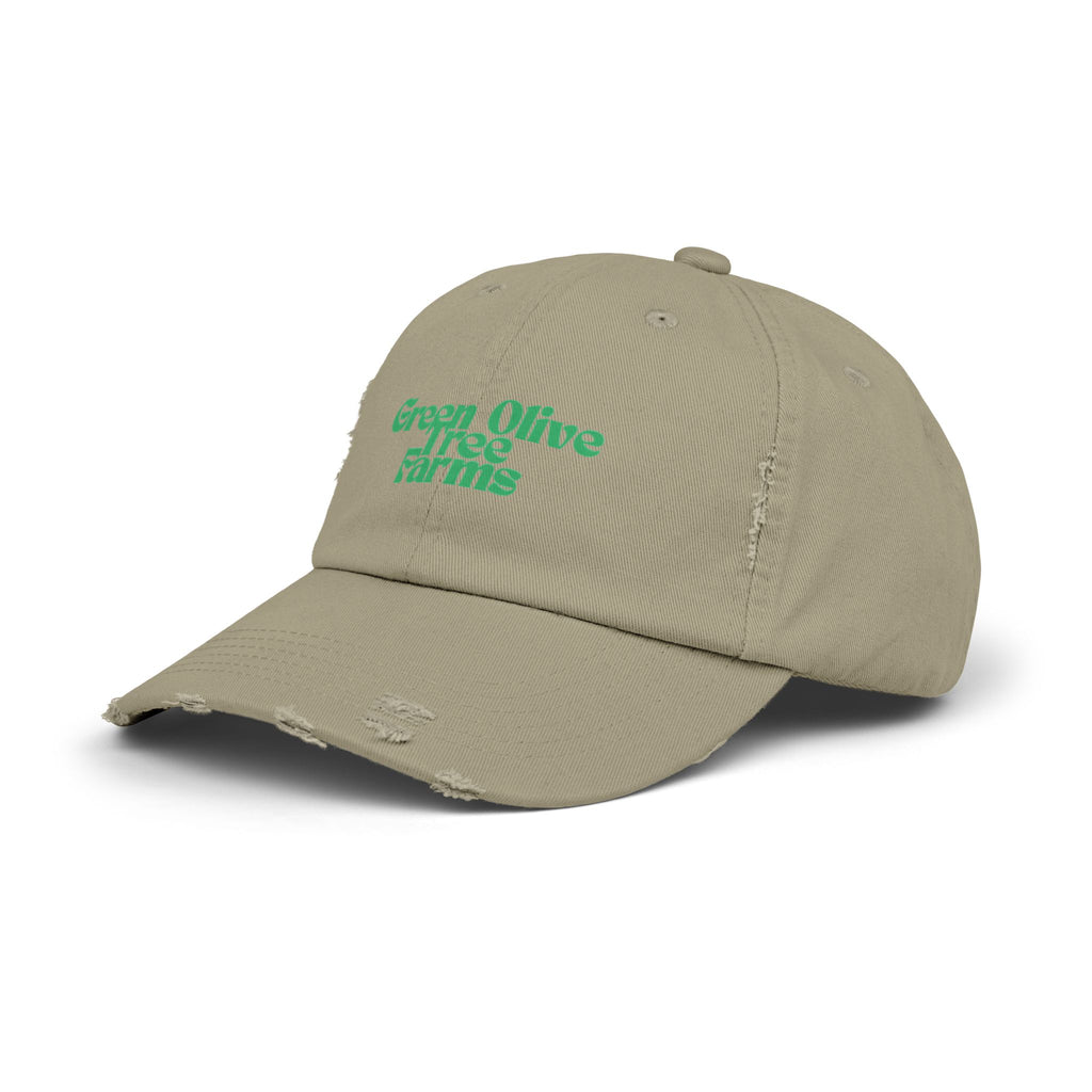Distressed Baseball Cap — "Green Olive Tree Farms" Retro Script