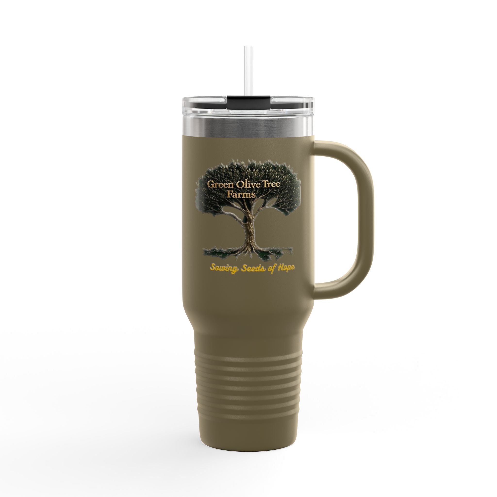 40oz Insulated Travel Mug – Green Olive Tree Farms Logo (Large Handle, Double-Wall Stainless)