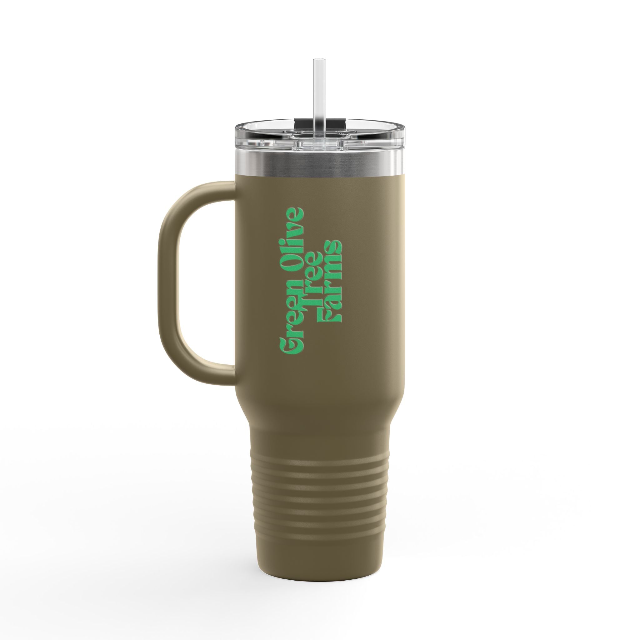 40oz Insulated Travel Mug – Green Olive Tree Farms Logo (Large Handle, Double-Wall Stainless)