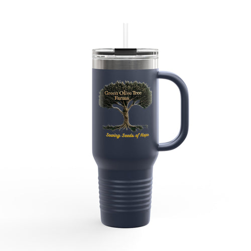 40oz Insulated Travel Mug – Green Olive Tree Farms Logo (Large Handle, Double-Wall Stainless)