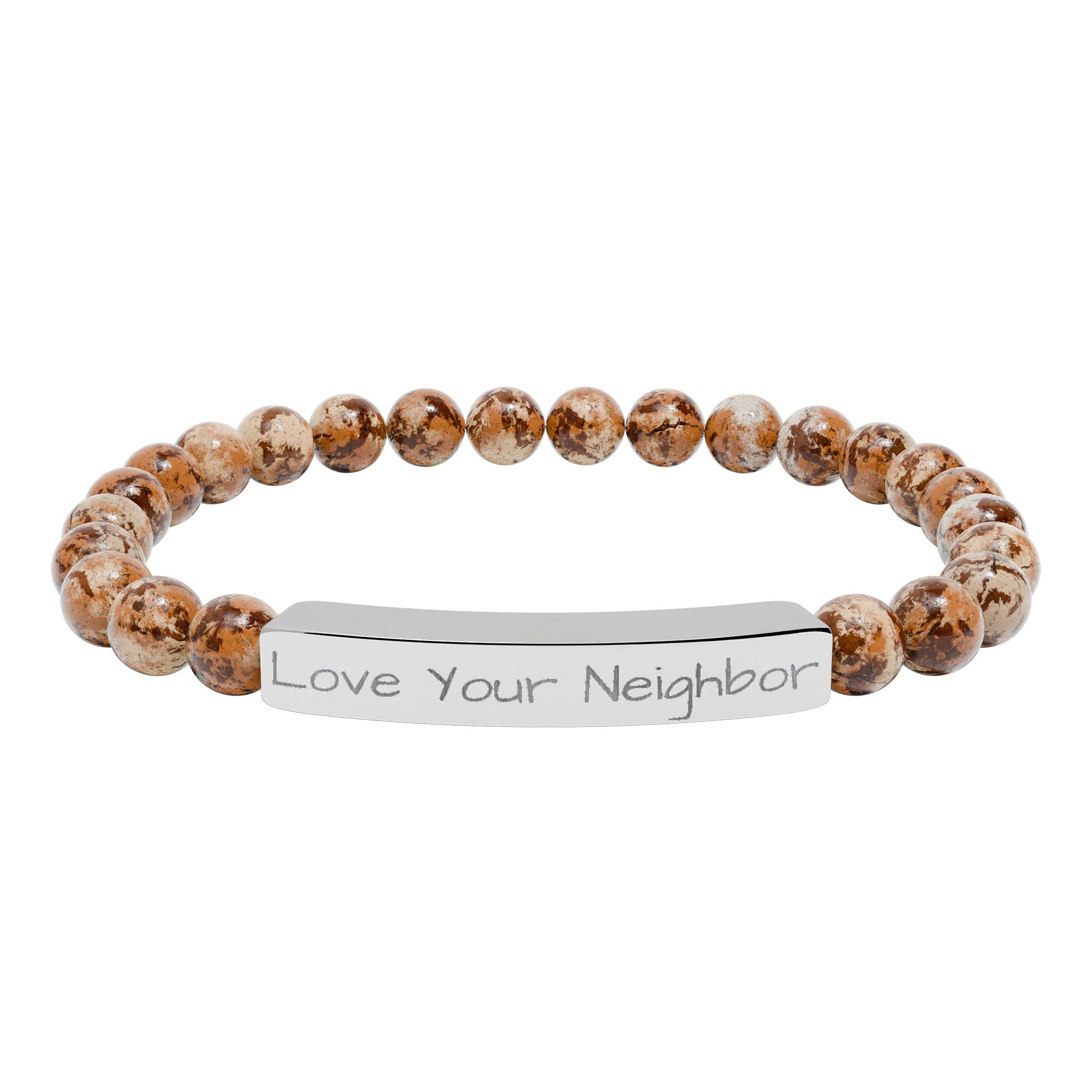 Engraved Natural Stone Stretch Bracelet — "Love Your Neighbor" Bar