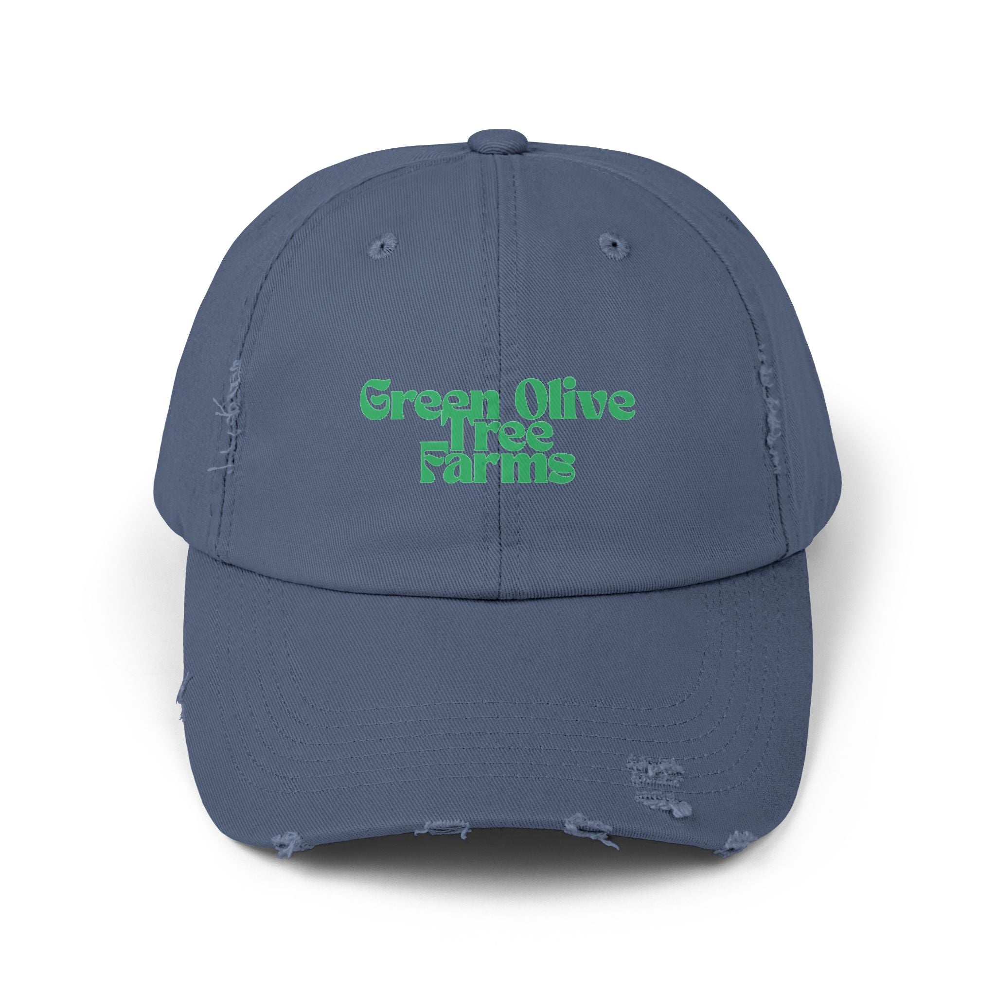 Distressed Baseball Cap — "Green Olive Tree Farms" Retro Script