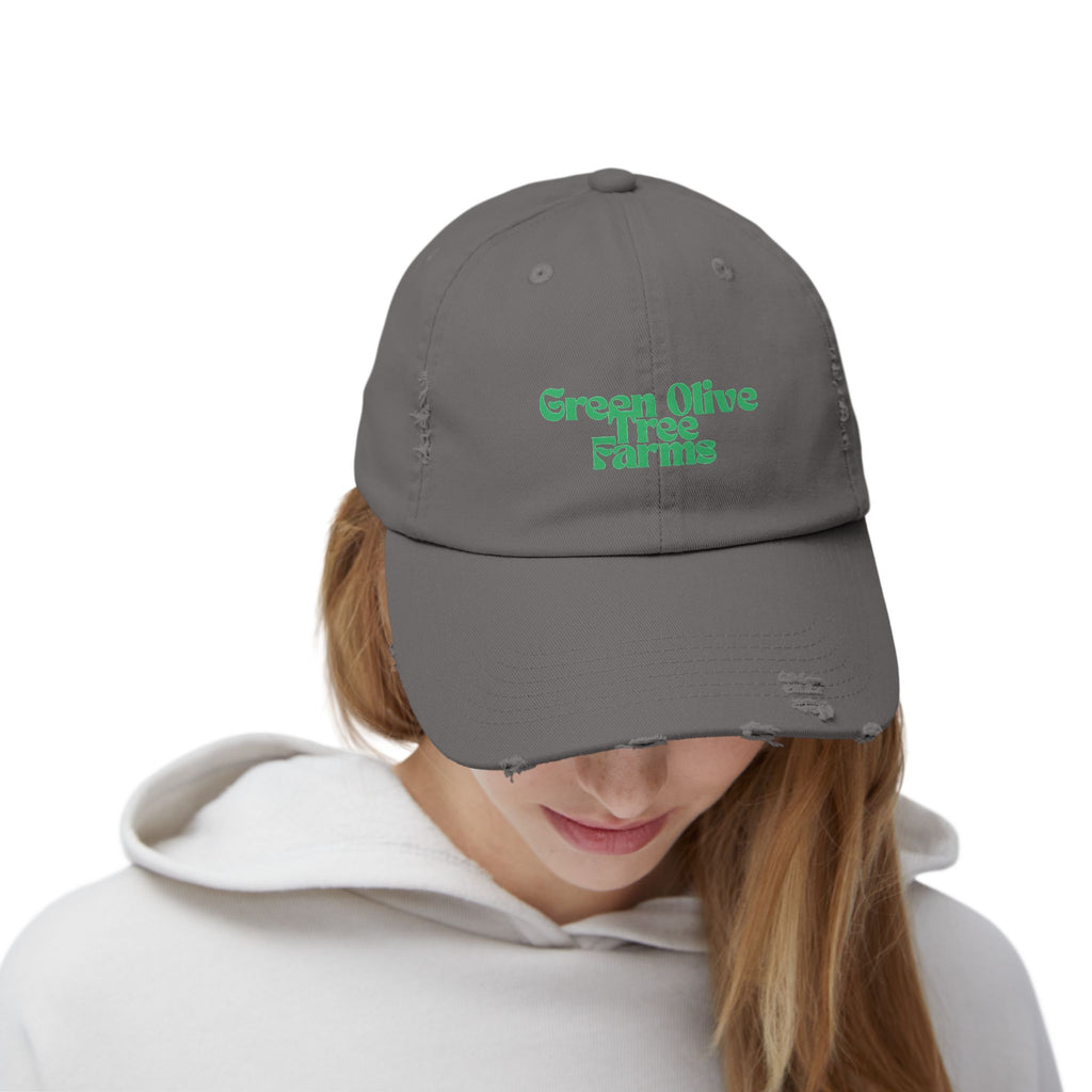 Distressed Baseball Cap — "Green Olive Tree Farms" Retro Script