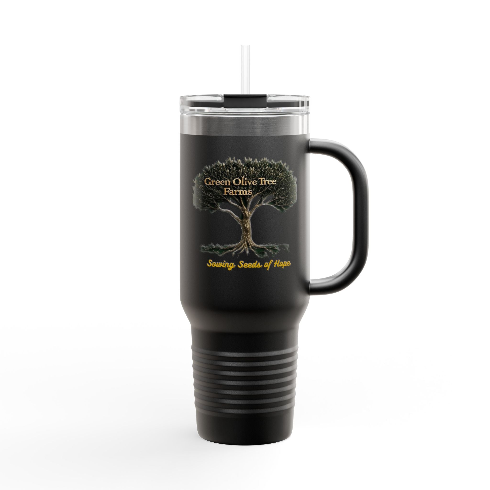 40oz Insulated Travel Mug – Green Olive Tree Farms Logo (Large Handle, Double-Wall Stainless)