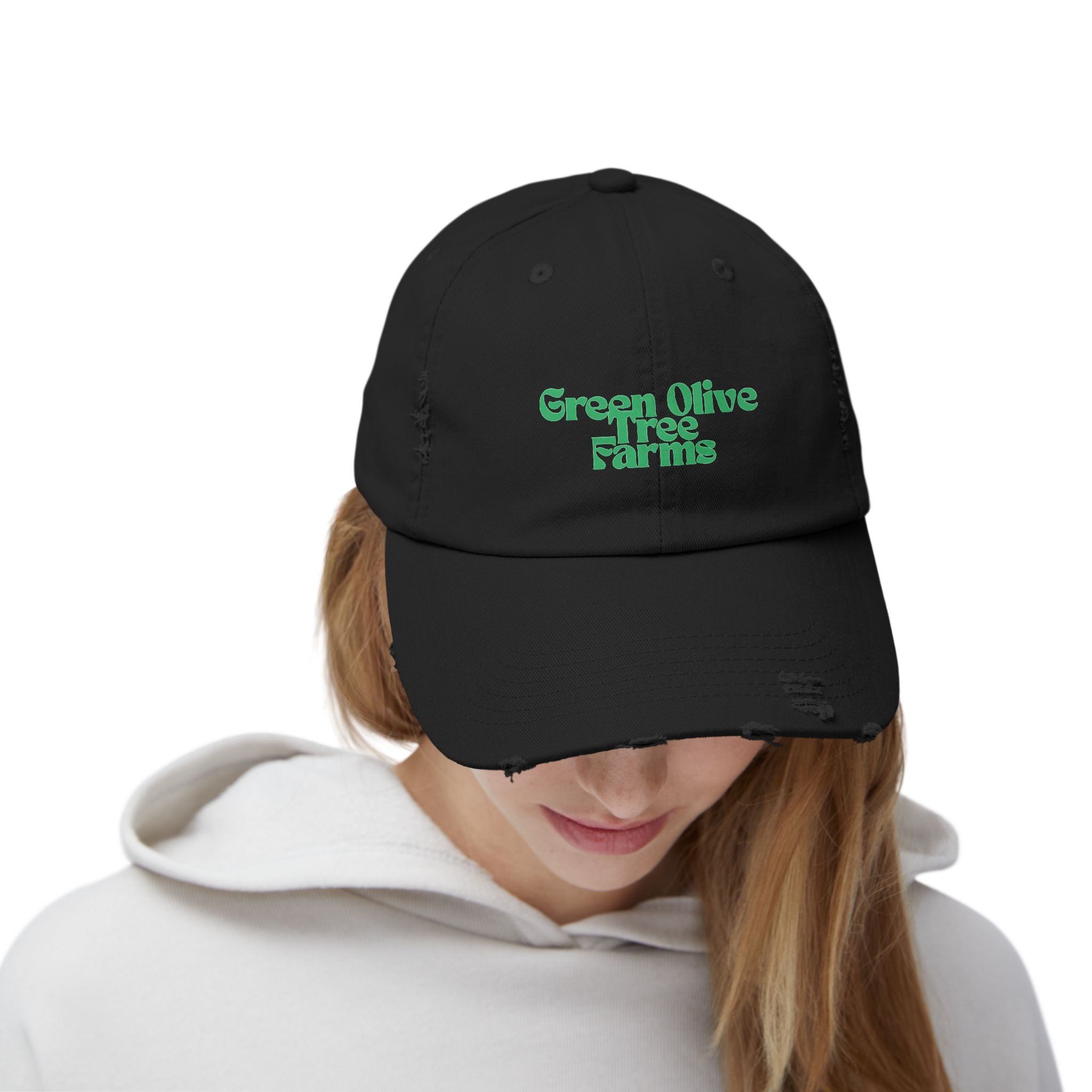 Distressed Baseball Cap — "Green Olive Tree Farms" Retro Script