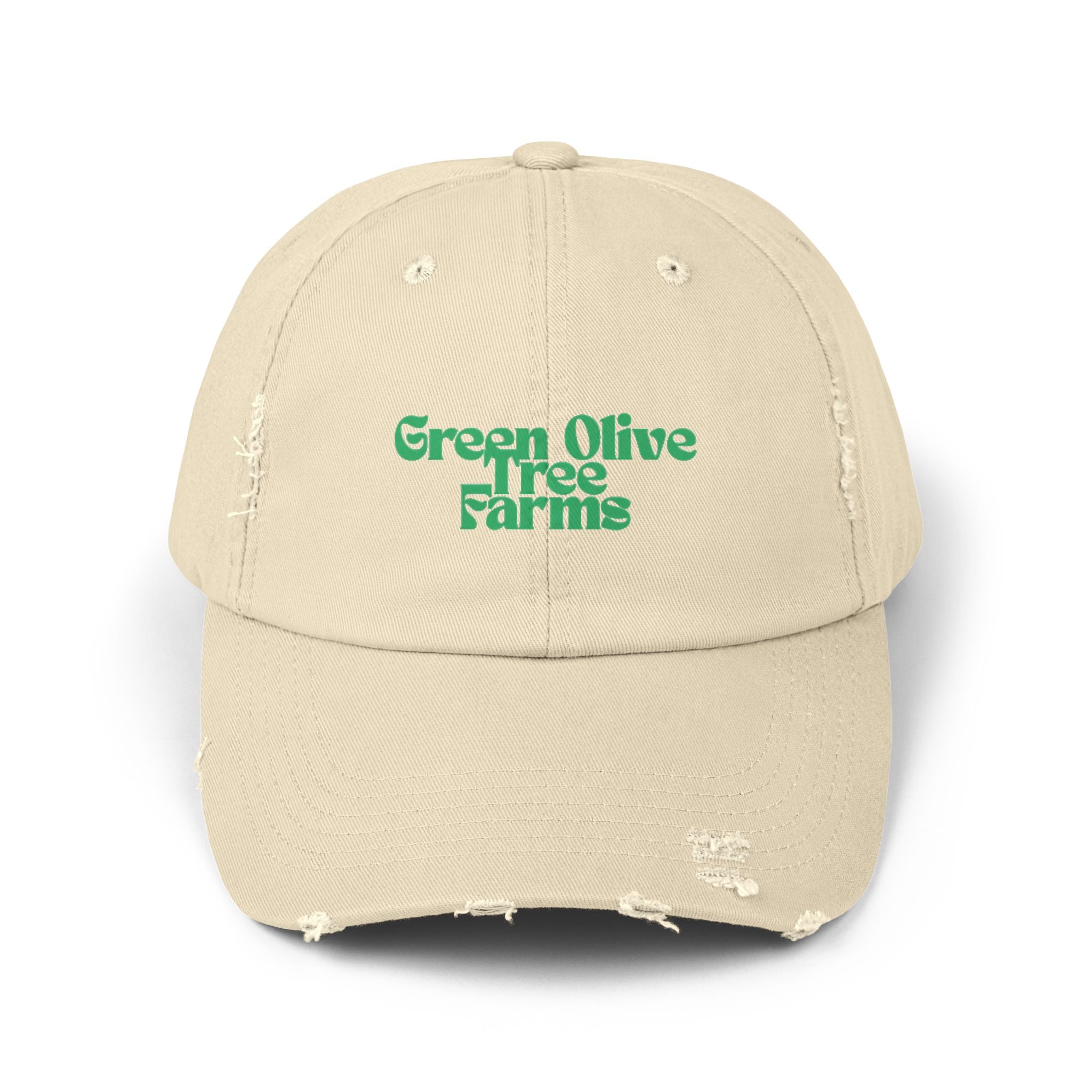 Distressed Baseball Cap — "Green Olive Tree Farms" Retro Script