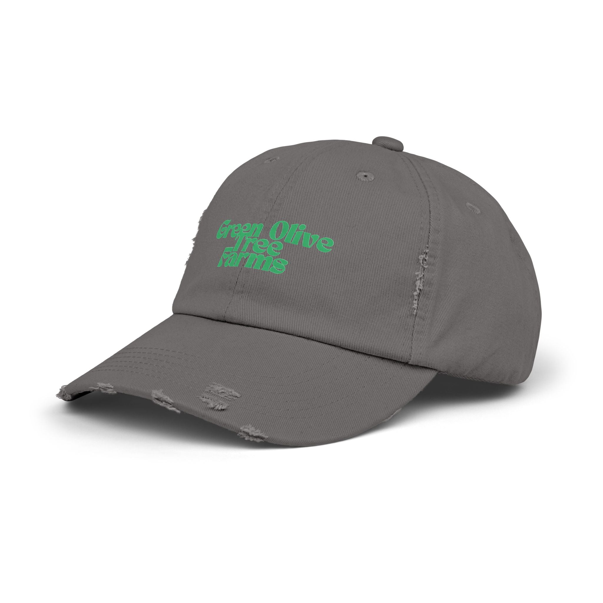 Distressed Baseball Cap — "Green Olive Tree Farms" Retro Script
