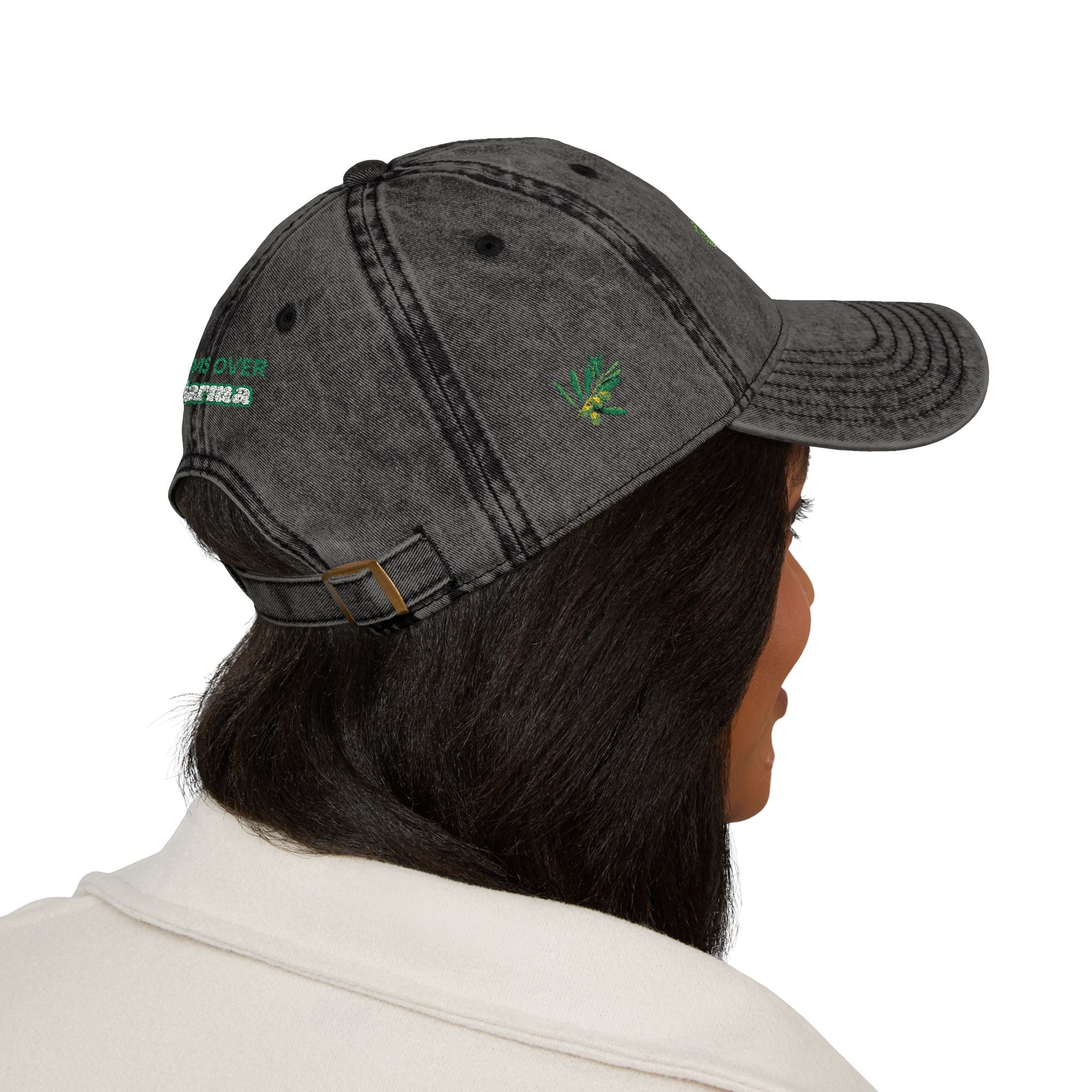 Vintage Embroidered Cap — 'Green Vibes' Distressed Hat