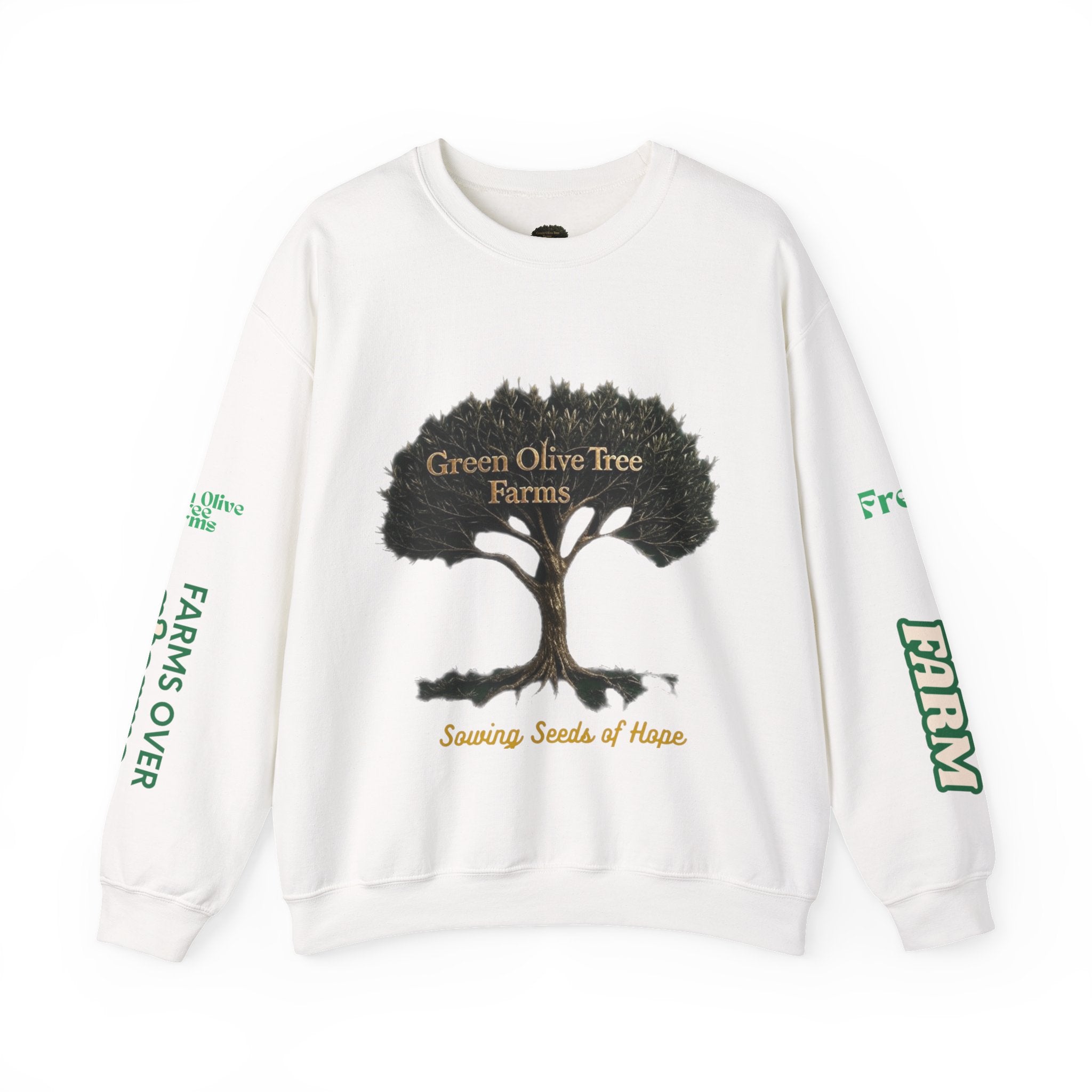 Farmhouse Olive Tree & Cow Crewneck Sweatshirt — "Green Olive Tree Farms: Sowing Seeds of Hope"