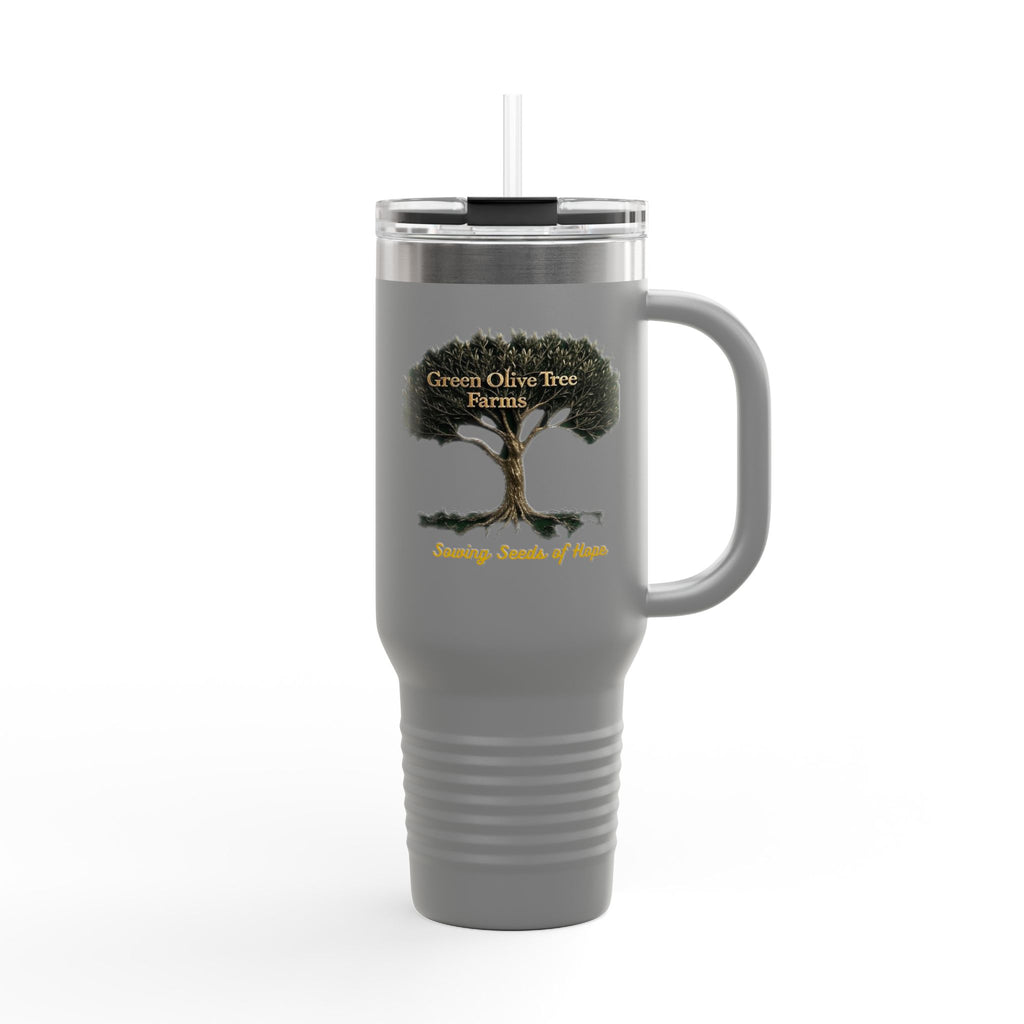 40oz Insulated Travel Mug – Green Olive Tree Farms Logo (Large Handle, Double-Wall Stainless)