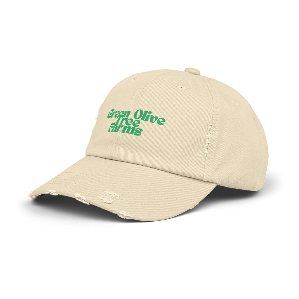 Distressed Baseball Cap — "Green Olive Tree Farms" Retro Script