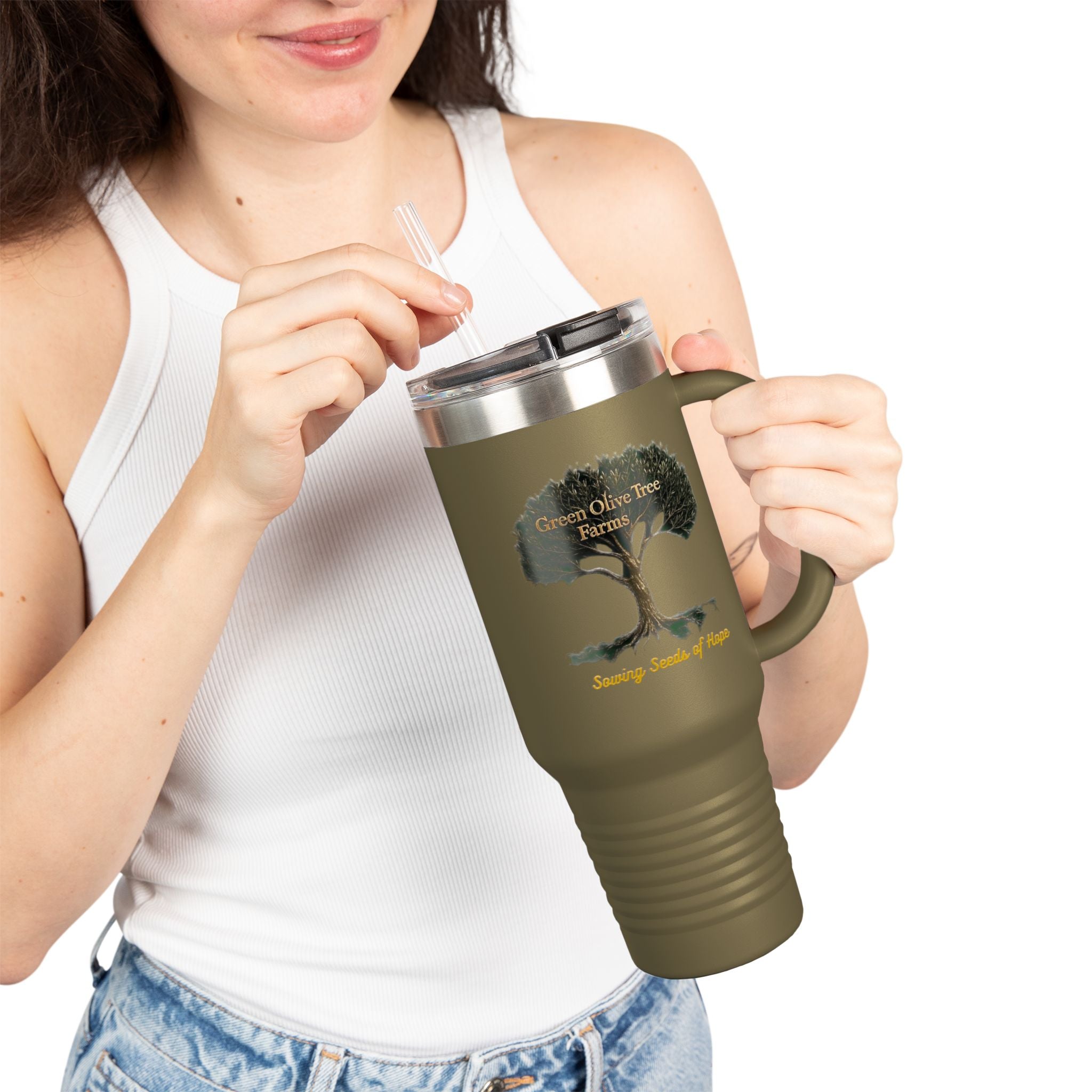 40oz Insulated Travel Mug – Green Olive Tree Farms Logo (Large Handle, Double-Wall Stainless)