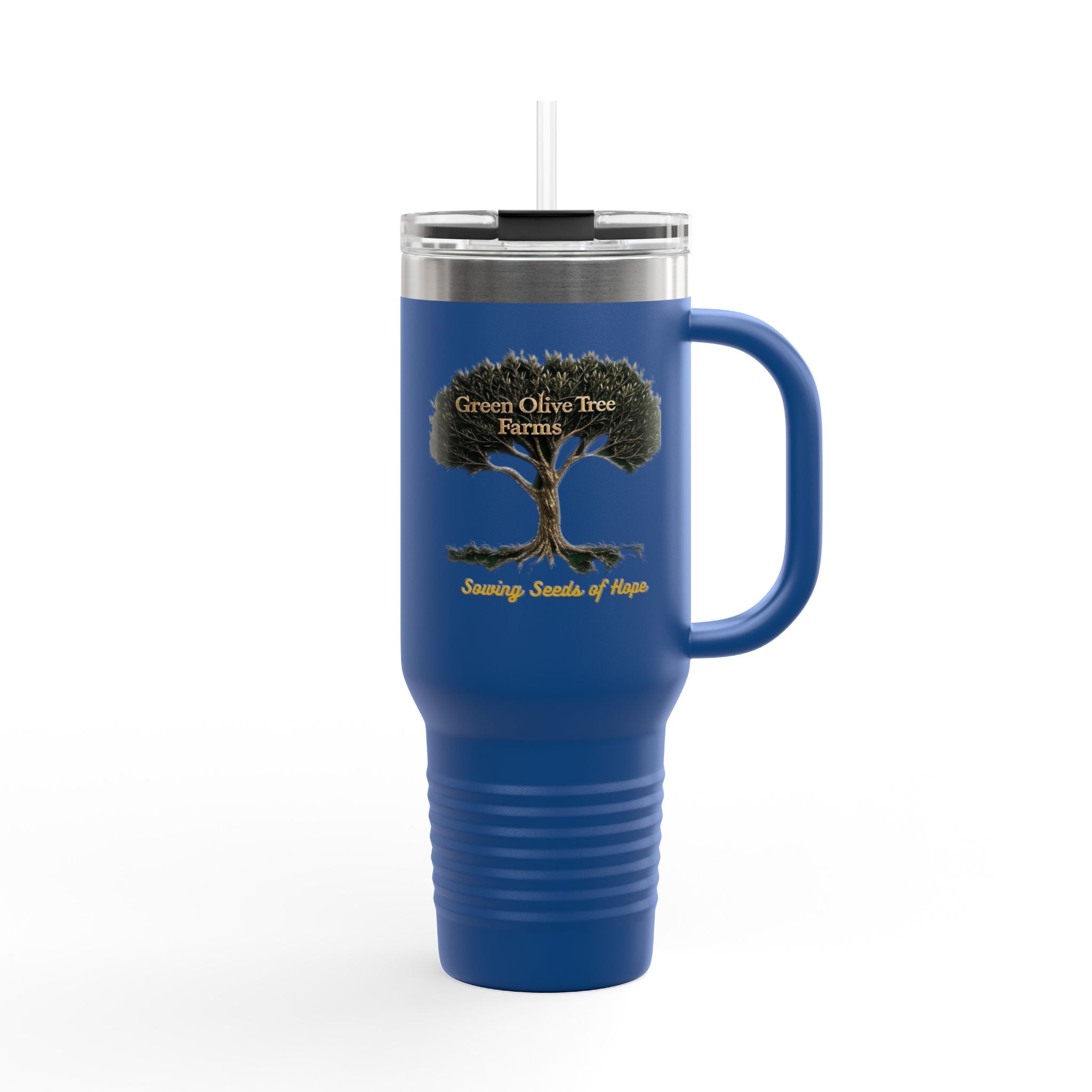 40oz Insulated Travel Mug – Green Olive Tree Farms Logo (Large Handle, Double-Wall Stainless)