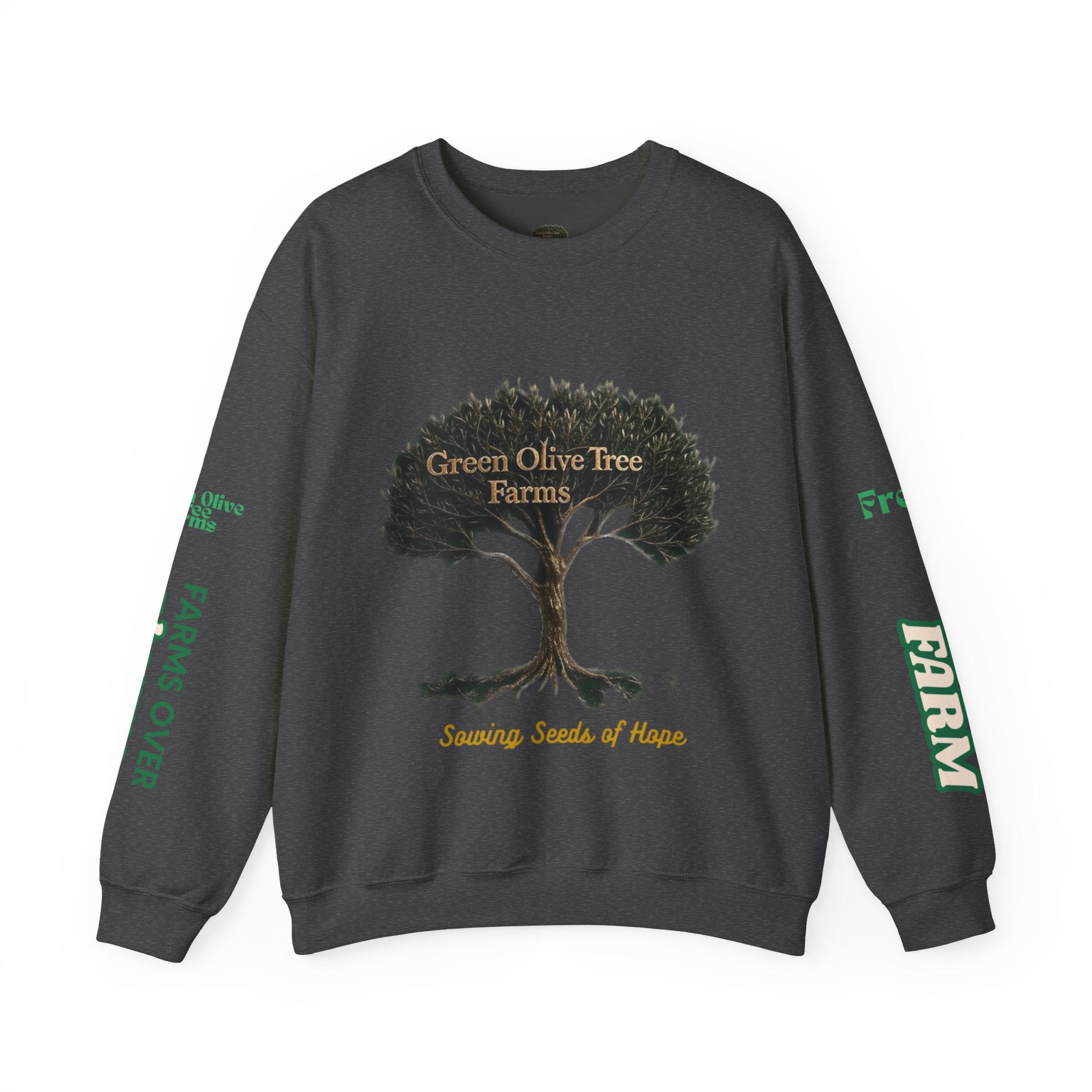 Farmhouse Olive Tree & Cow Crewneck Sweatshirt — "Green Olive Tree Farms: Sowing Seeds of Hope"