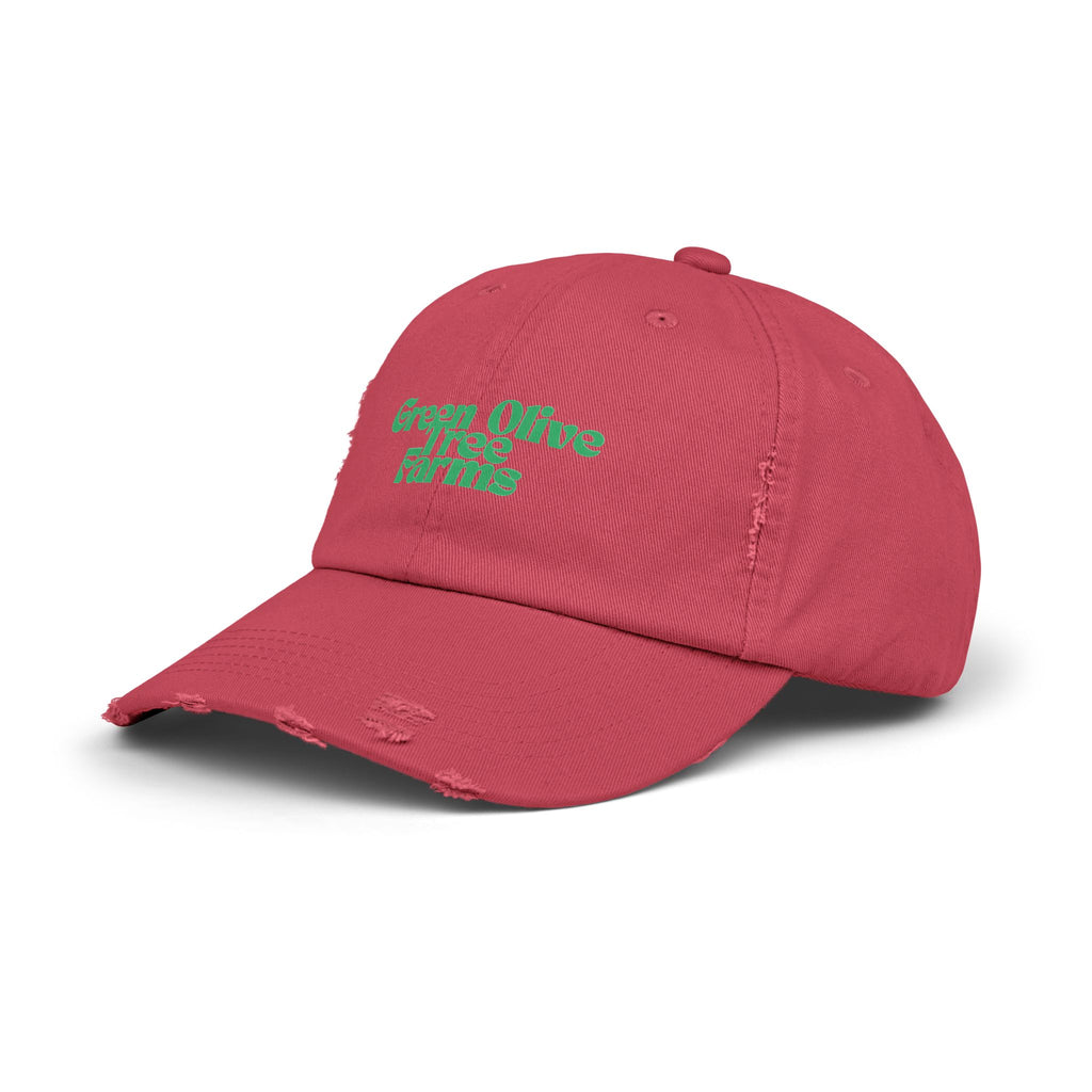 Distressed Baseball Cap — "Green Olive Tree Farms" Retro Script