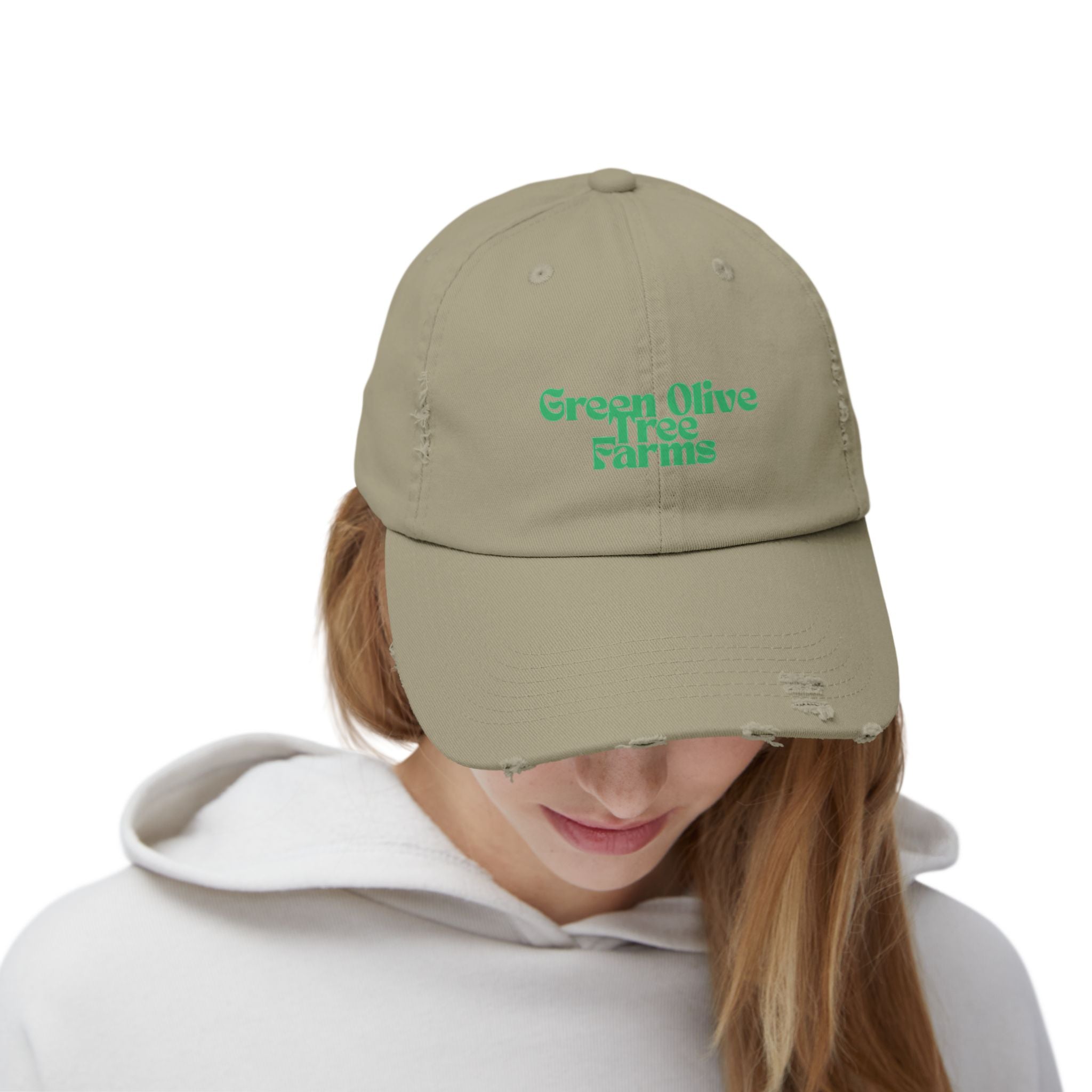 Distressed Baseball Cap — "Green Olive Tree Farms" Retro Script