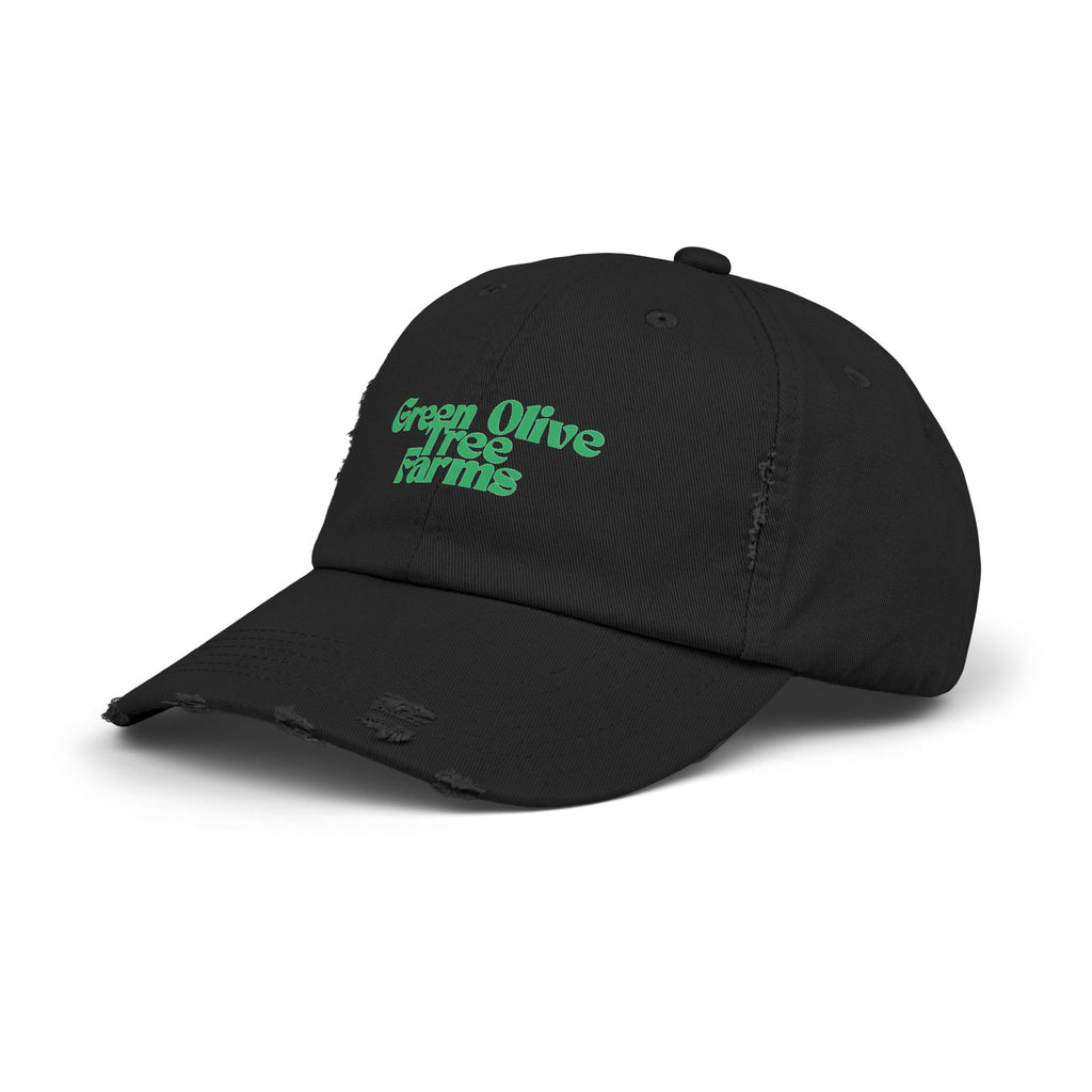 Distressed Baseball Cap — "Green Olive Tree Farms" Retro Script
