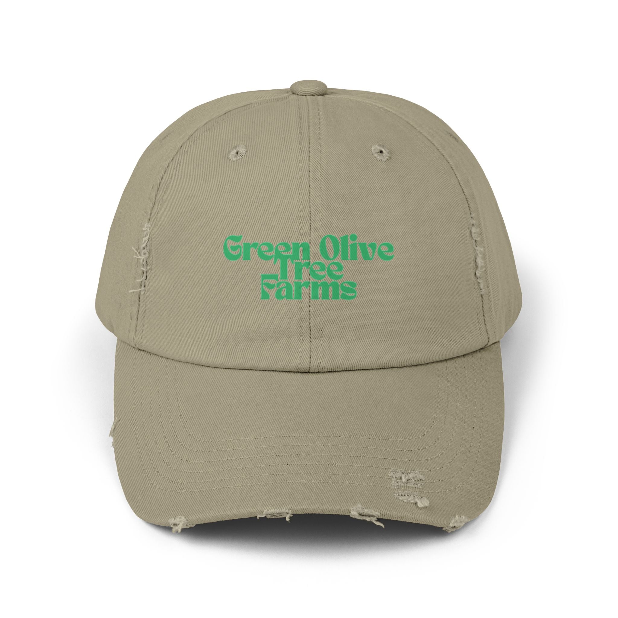Distressed Baseball Cap — "Green Olive Tree Farms" Retro Script