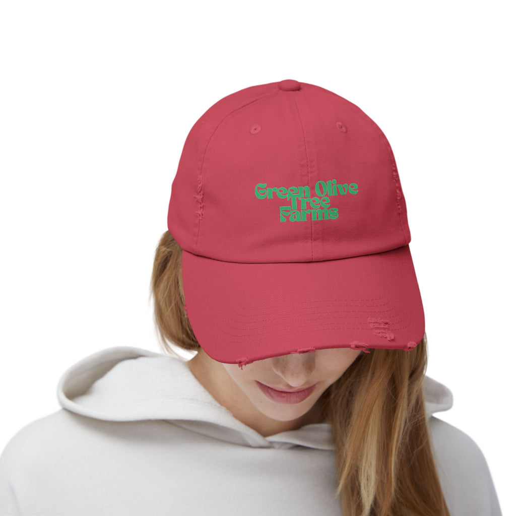 Distressed Baseball Cap — "Green Olive Tree Farms" Retro Script