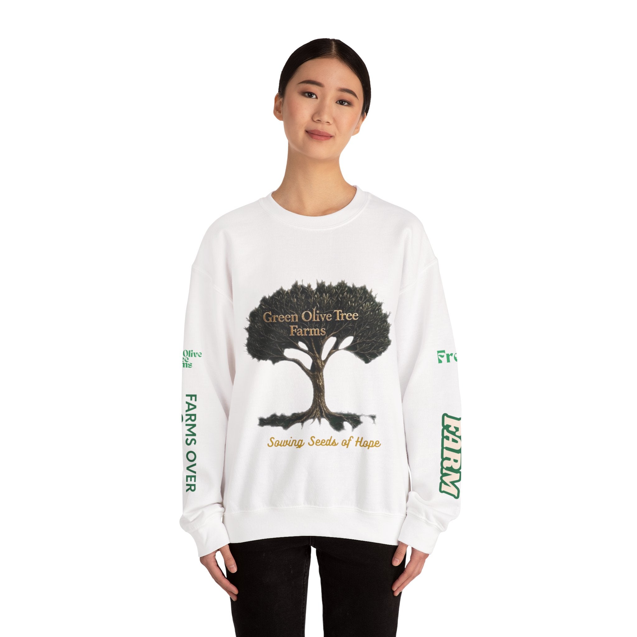Farmhouse Olive Tree & Cow Crewneck Sweatshirt — "Green Olive Tree Farms: Sowing Seeds of Hope"
