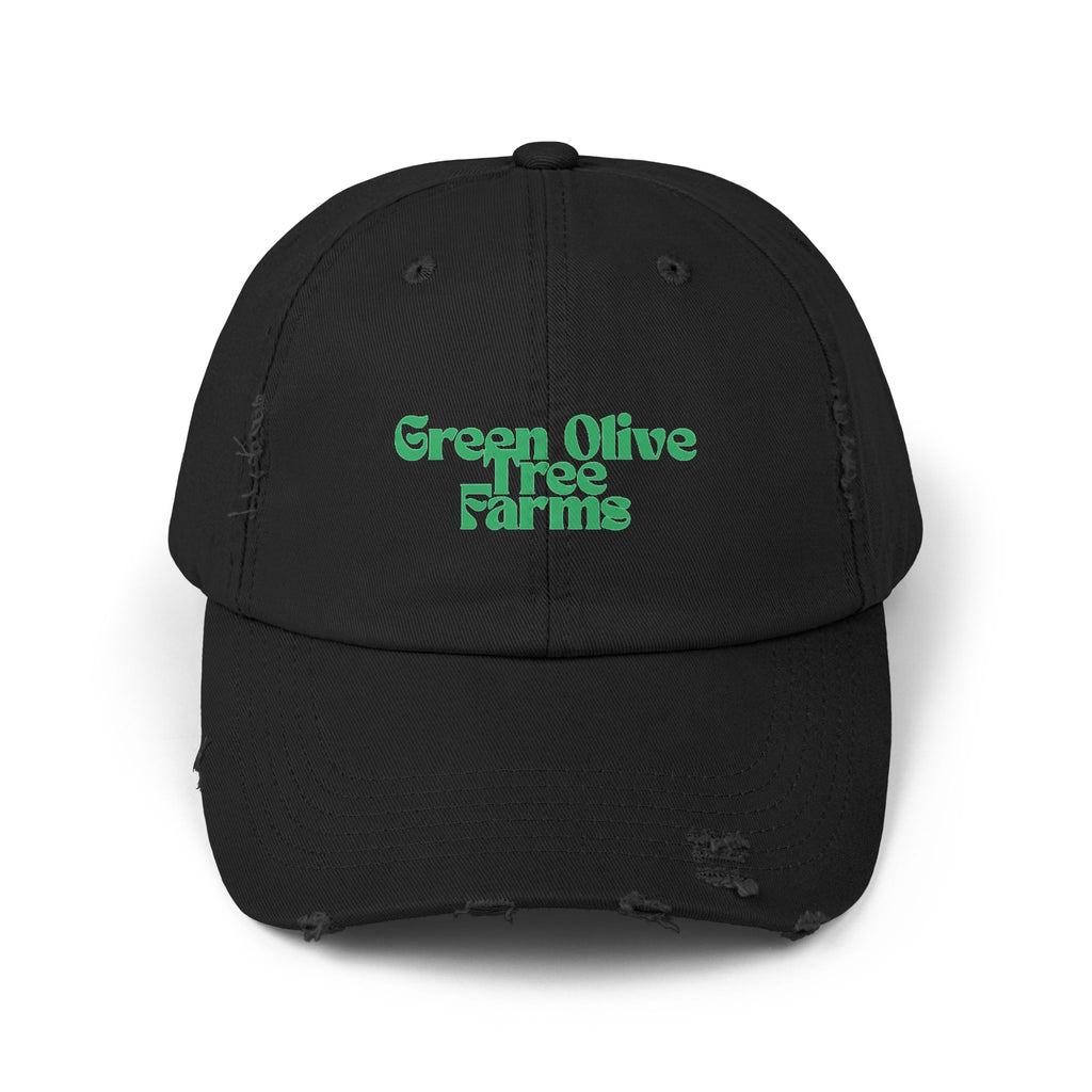 Distressed Baseball Cap — "Green Olive Tree Farms" Retro Script