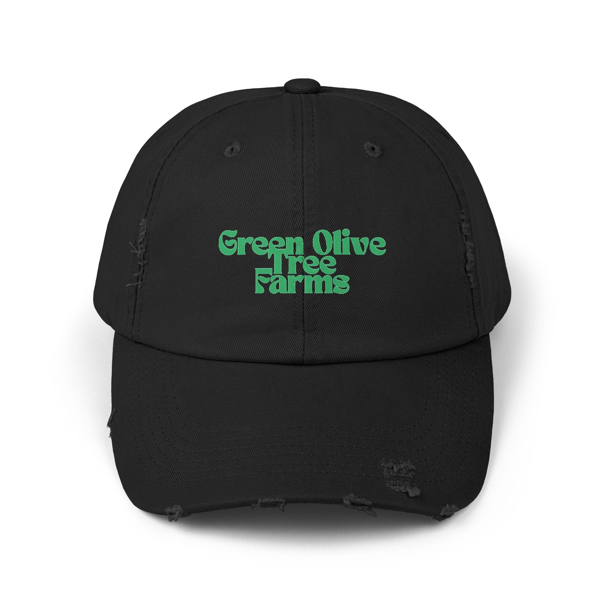 Distressed Baseball Cap — "Green Olive Tree Farms" Retro Script