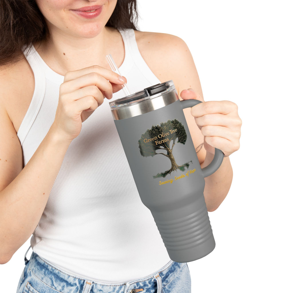40oz Insulated Travel Mug – Green Olive Tree Farms Logo (Large Handle, Double-Wall Stainless)