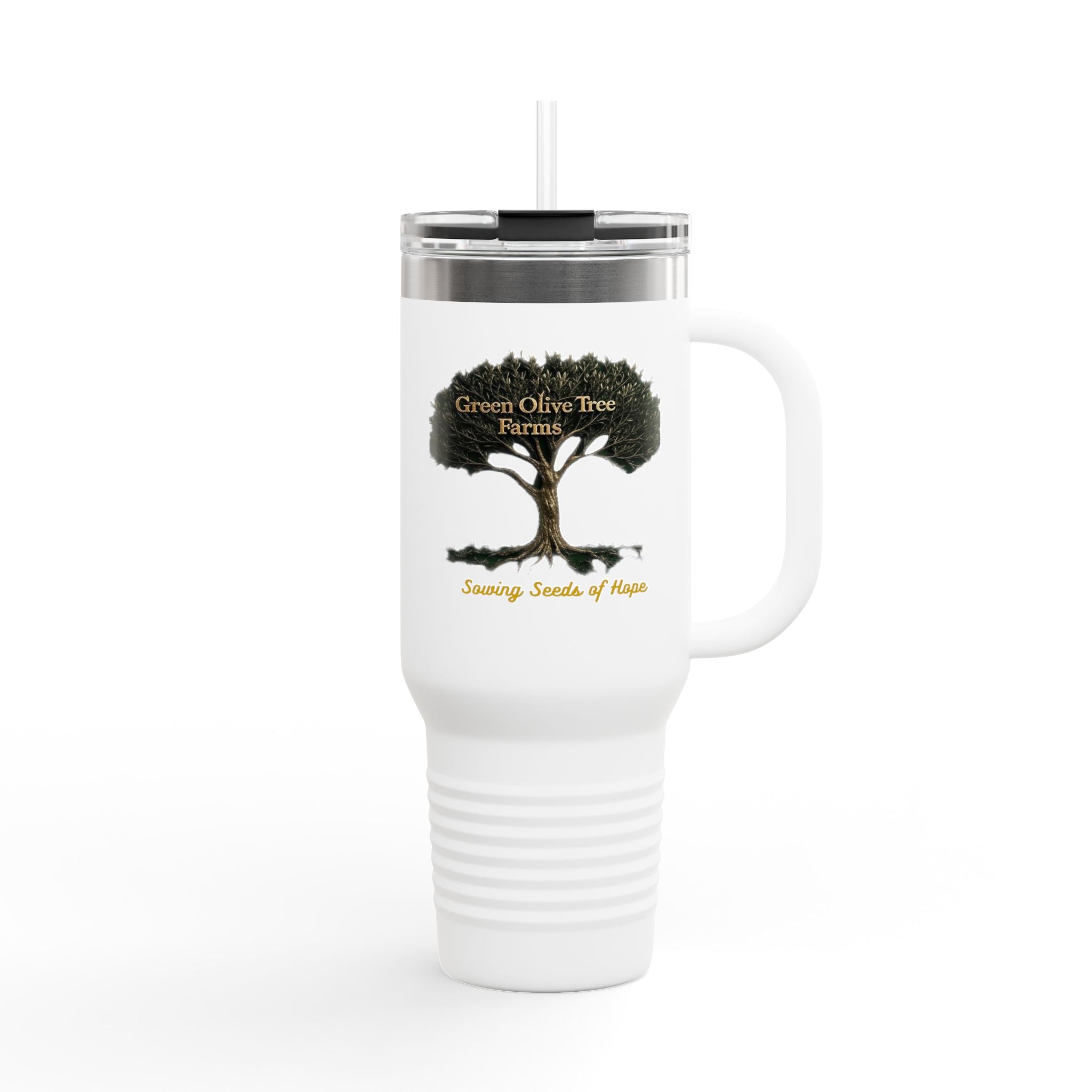 40oz Insulated Travel Mug – Green Olive Tree Farms Logo (Large Handle, Double-Wall Stainless)
