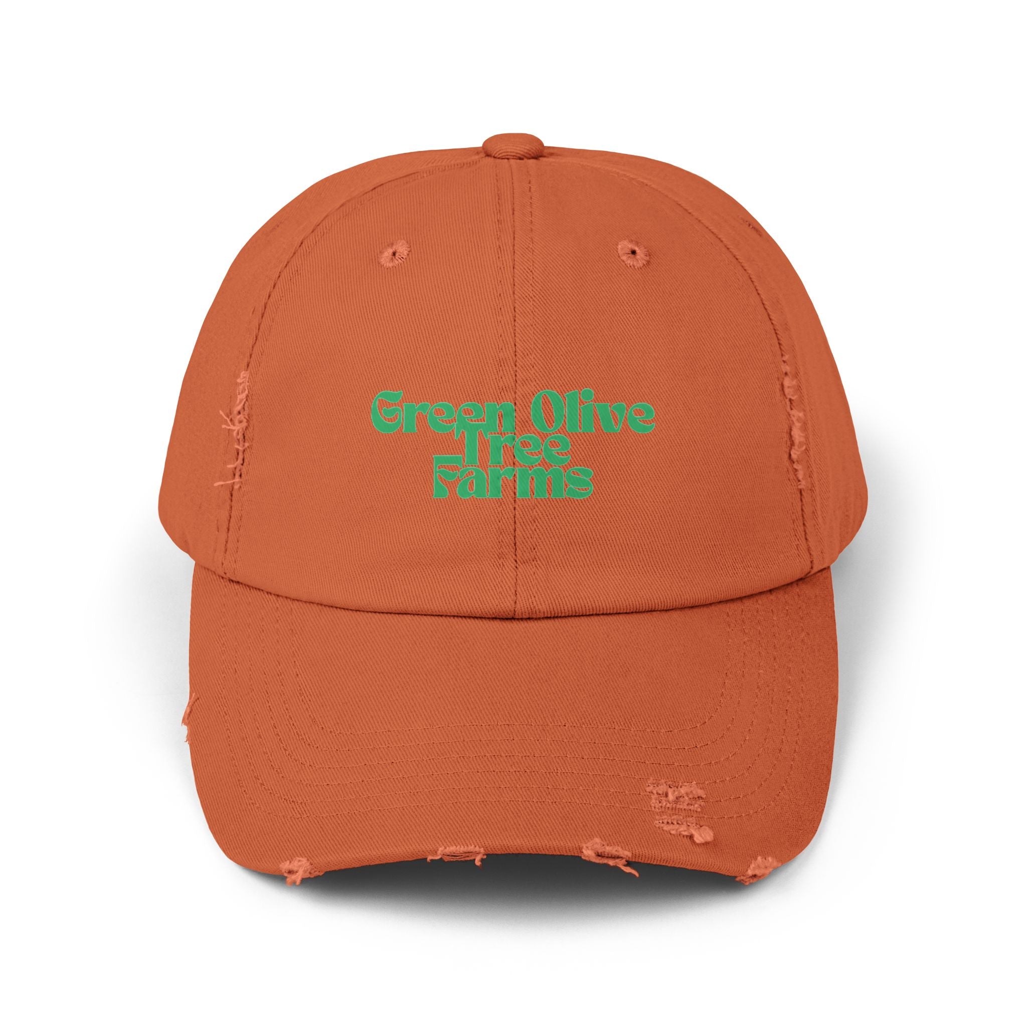 Distressed Baseball Cap — "Green Olive Tree Farms" Retro Script